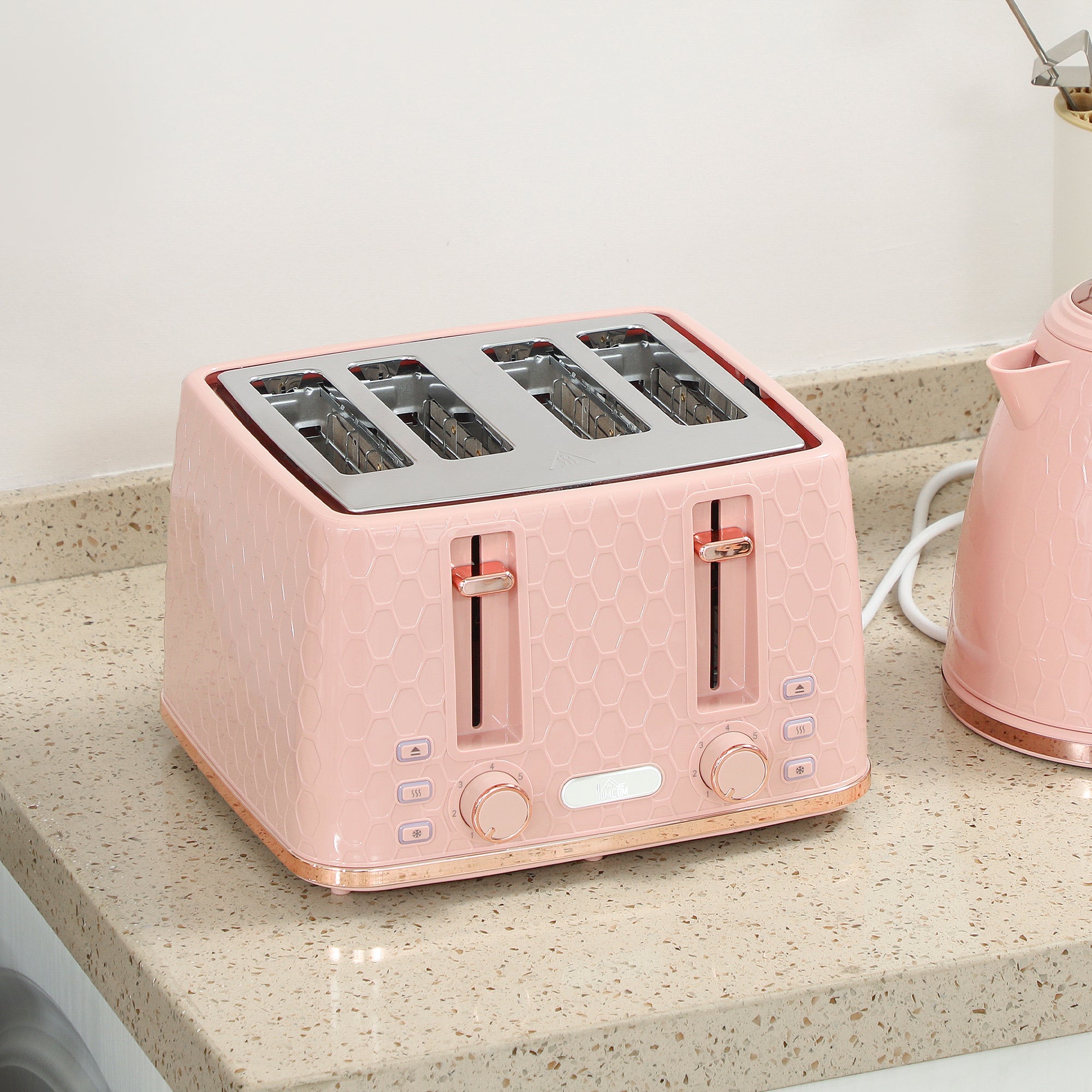 Elegant HOMCOM Kettle and Toaster Set, 1.7L 3000W Fast Boil Jug Kettle, 4 Slice Toaster with 7 Level Browning Controls, Light Pink Elegant HOMCOM Kettle and Toaster Set, 1.7L 3000W Fast Boil Jug Kettle, 4 Slice Toaster with 7 Level Browning Controls, Light Pink