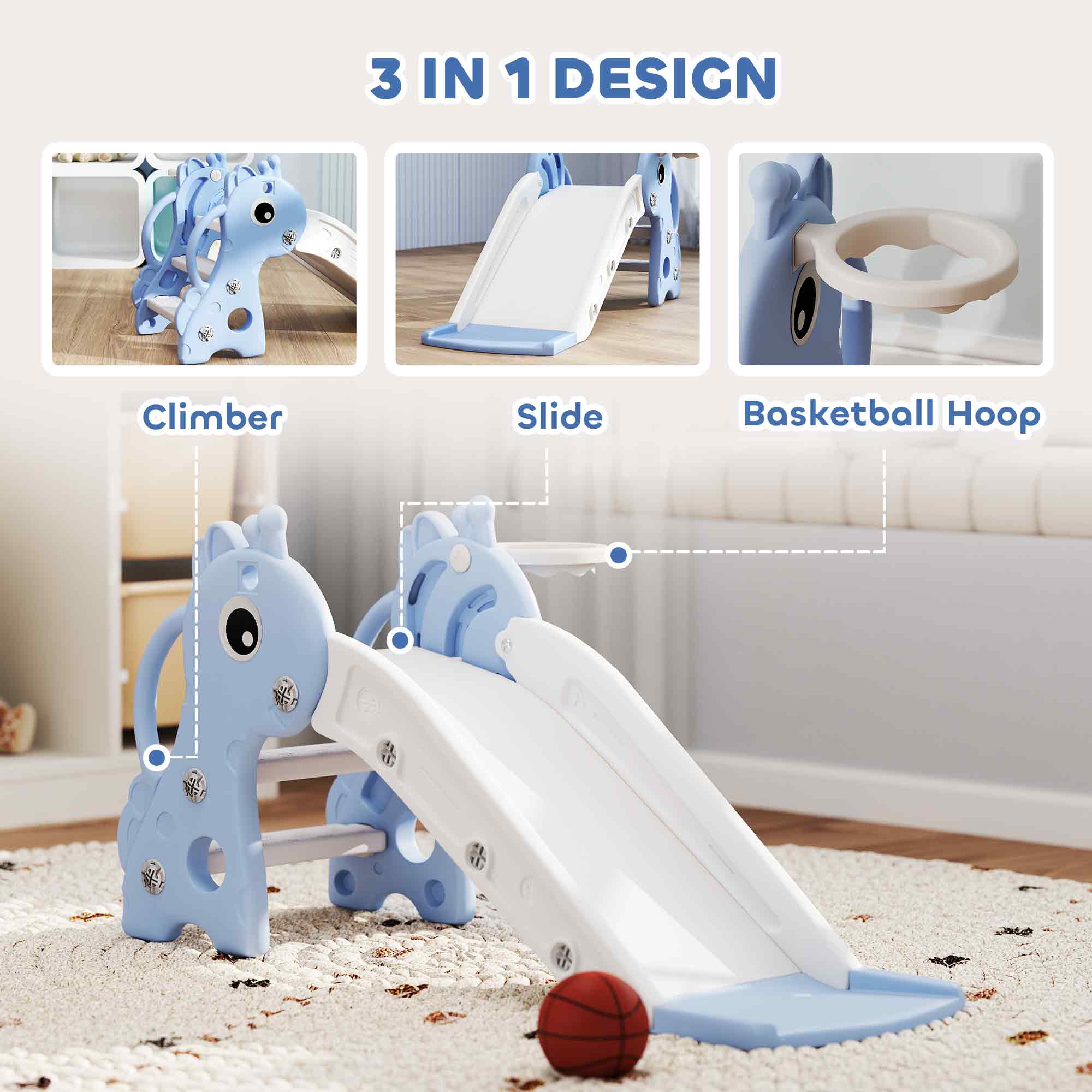 AIYAPLAY 3 in 1 Kids Slide with Climber, Basketball Hoop and Ball, Giraffe Shape Climber Slide for Indoor Kids Age 1-3, Blue AIYAPLAY 3 in 1 Kids Slide with Climber, Basketball Hoop and Ball, Giraffe Shape Climber Slide for Indoor Kids Age 1-3, Blue