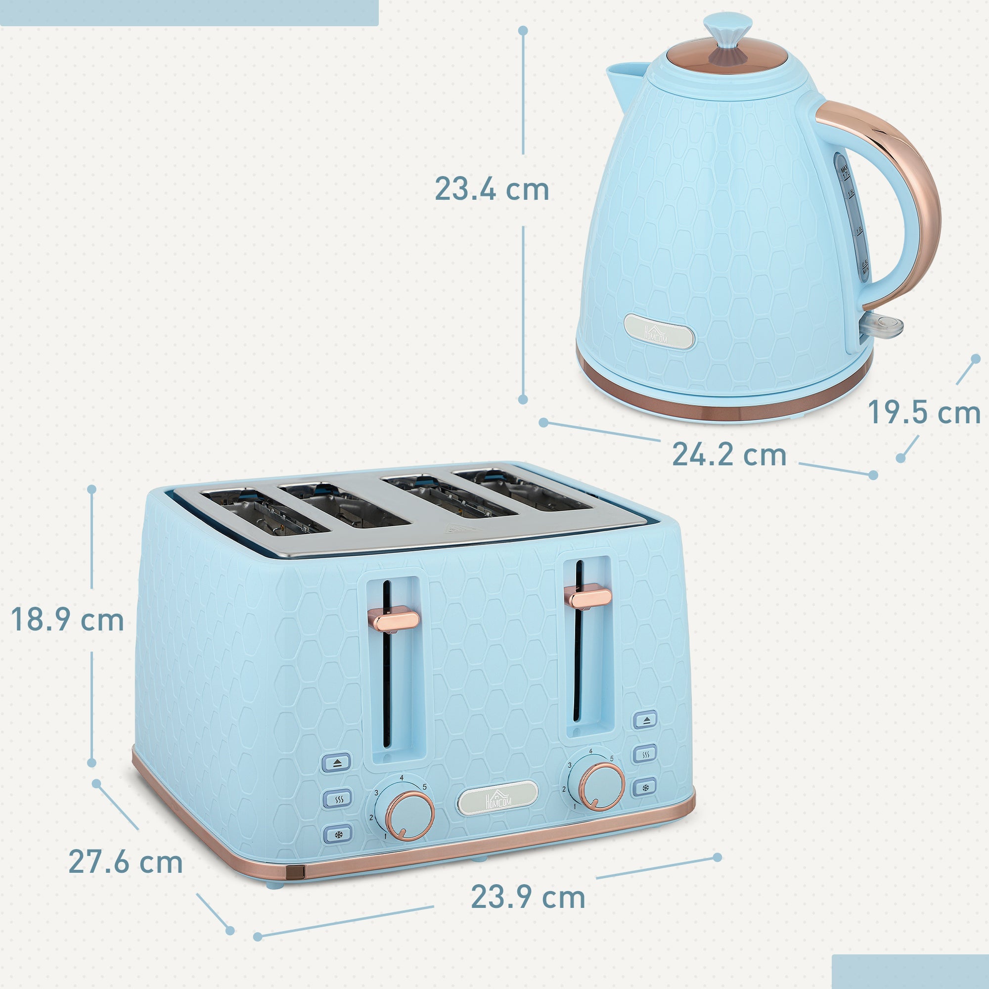 Elegant HOMCOM Kettle and Toaster Set, 1.7L 3000W Fast Boil Jug Kettle, 4 Slice Toaster with 7 Level Browning Controls, Light Blue Elegant HOMCOM Kettle and Toaster Set, 1.7L 3000W Fast Boil Jug Kettle, 4 Slice Toaster with 7 Level Browning Controls, Light Blue