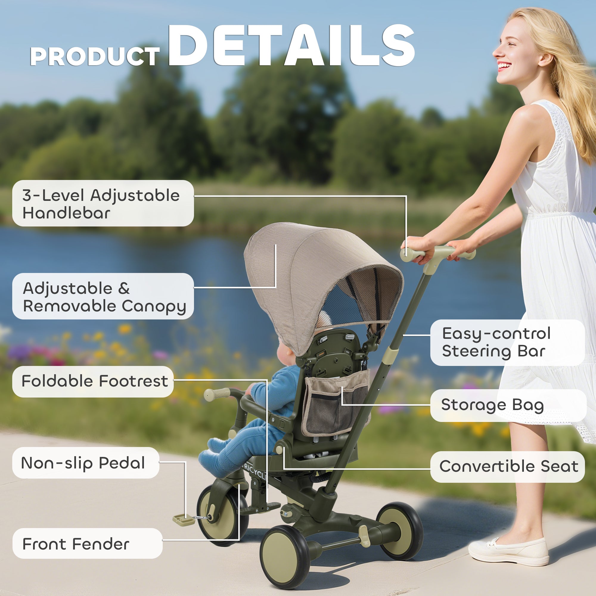 AIYAPLAY 5 in 1 Kids Trike with Adjustable Backrest, Toddler Tricycle with Push Handlebar, Adjustable Backrest, Dark Green AIYAPLAY 5 in 1 Kids Trike with Adjustable Backrest, Toddler Tricycle with Push Handlebar, Adjustable Backrest, Dark Green