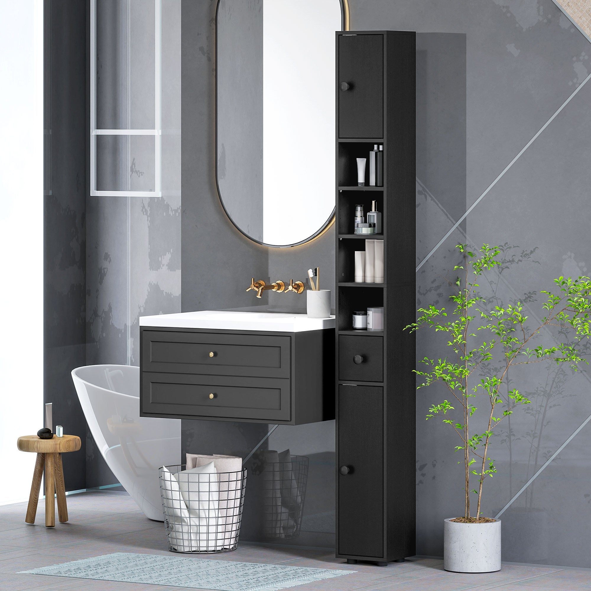 kleankin 180cm Slim Bathroom Cabinet, with Drawer, Shelves and Cupboards - Black kleankin 180cm Slim Bathroom Cabinet, with Drawer, Shelves and Cupboards - Black