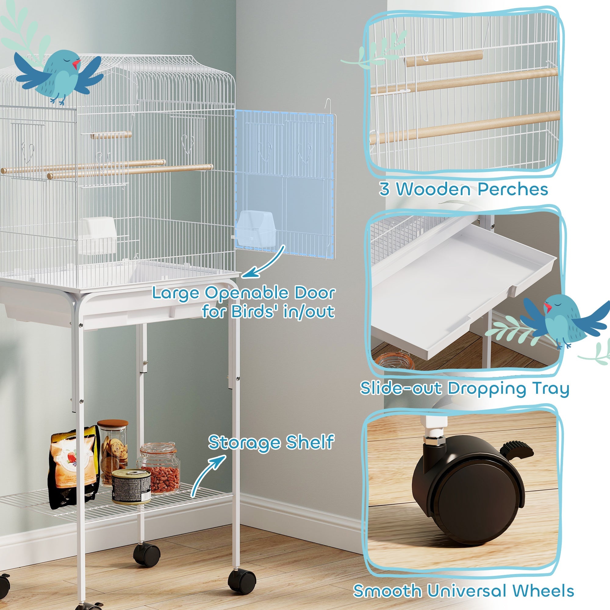 PawHut Bird Cage Budgie Cages for Finch Canary Parakeet with Stand Wheels Slide-out Tray Accessories Spacious Storage Shelf, White PawHut Bird Cage Budgie Cages for Finch Canary Parakeet with Stand Wheels Slide-out Tray Accessories Spacious Storage Shelf, White