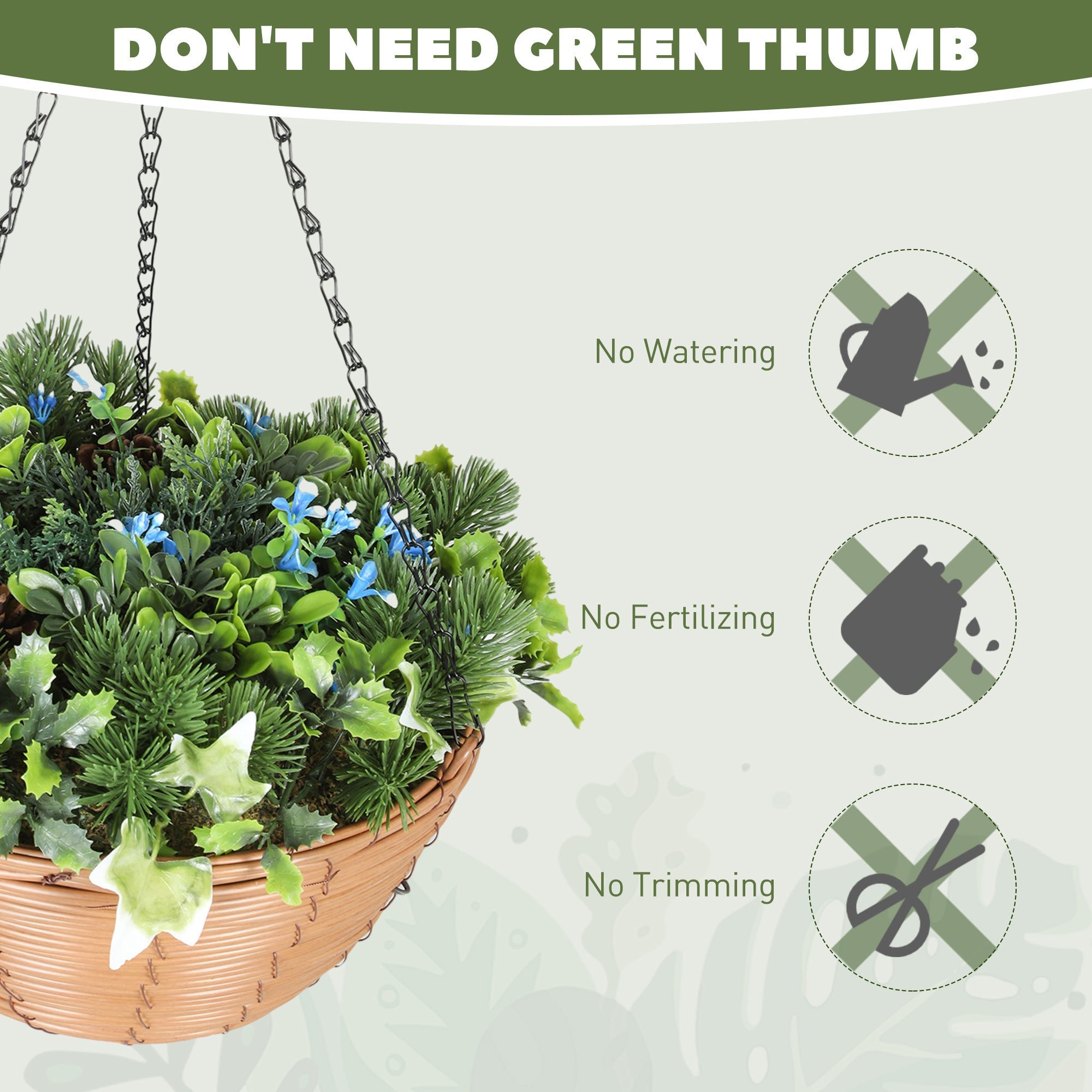 Elegant HOMCOM Artificial Flowers in Basket Set of 2, Artificial Hanging Baskets with PE Leaves, 18 Flowers and 3 Pinecones in Pot, Decorative Faux Plant for Home Office Decor, Green Elegant HOMCOM Artificial Flowers in Basket Set of 2, Artificial Hanging Baskets with PE Leaves, 18 Flowers and 3 Pinecones in Pot, Decorative Faux Plant for Home Office Decor, Green