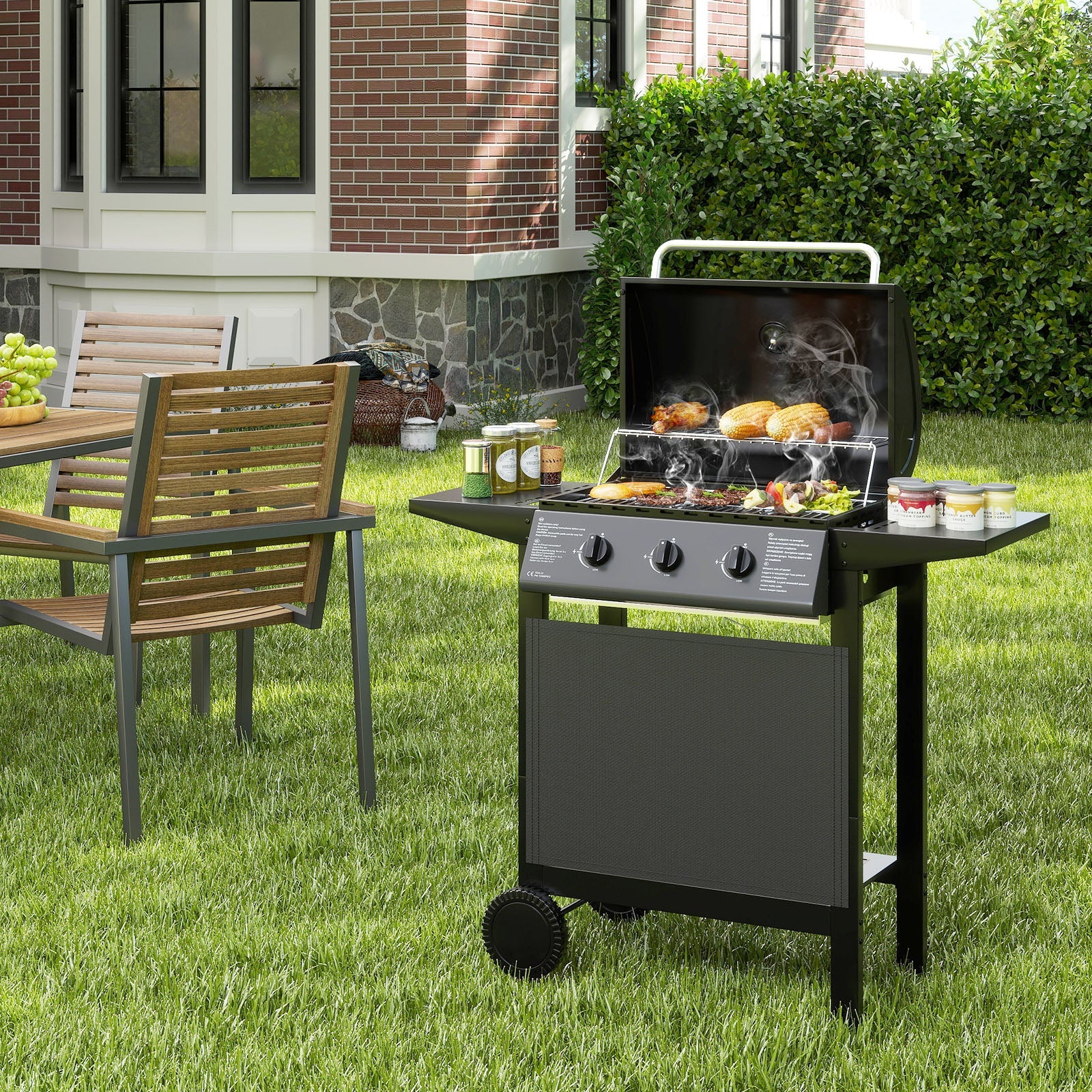 3-Burner Propane Gas Grill 24,000 BTU Portable with Lid and Side Tables 3-Burner Propane Gas Grill 24,000 BTU Portable with Lid and Side Tables