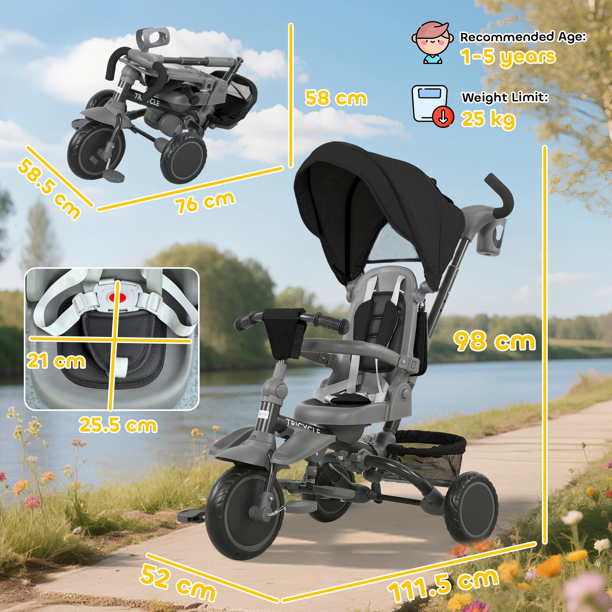 AIYAPLAY 6 in 1 Foldable Kids Trike with Adjustable Parent Handle & Canopy for Ages 1-5, Black AIYAPLAY 6 in 1 Foldable Kids Trike with Adjustable Parent Handle & Canopy for Ages 1-5, Black