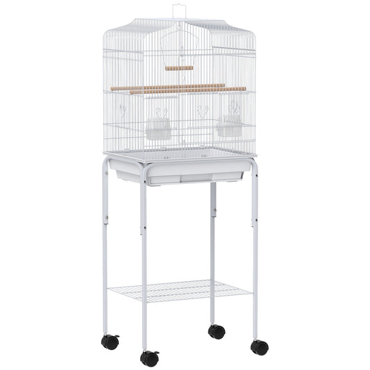 PawHut Bird Cage Budgie Cages for Finch Canary Parakeet with Stand Wheels Slide-out Tray Accessories Spacious Storage Shelf, White