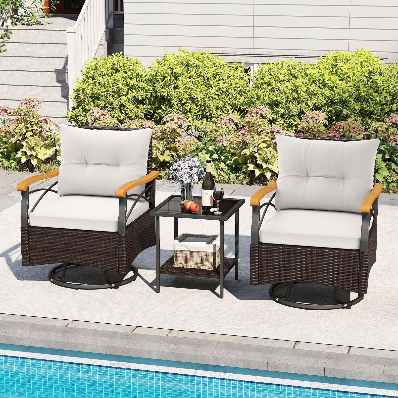 3 Piece Outdoor Swivel Chair Set Patio Wicker Rotating Chairs with Table- 3 Piece Outdoor Swivel Chair Set Patio Wicker Rotating Chairs with Table-
