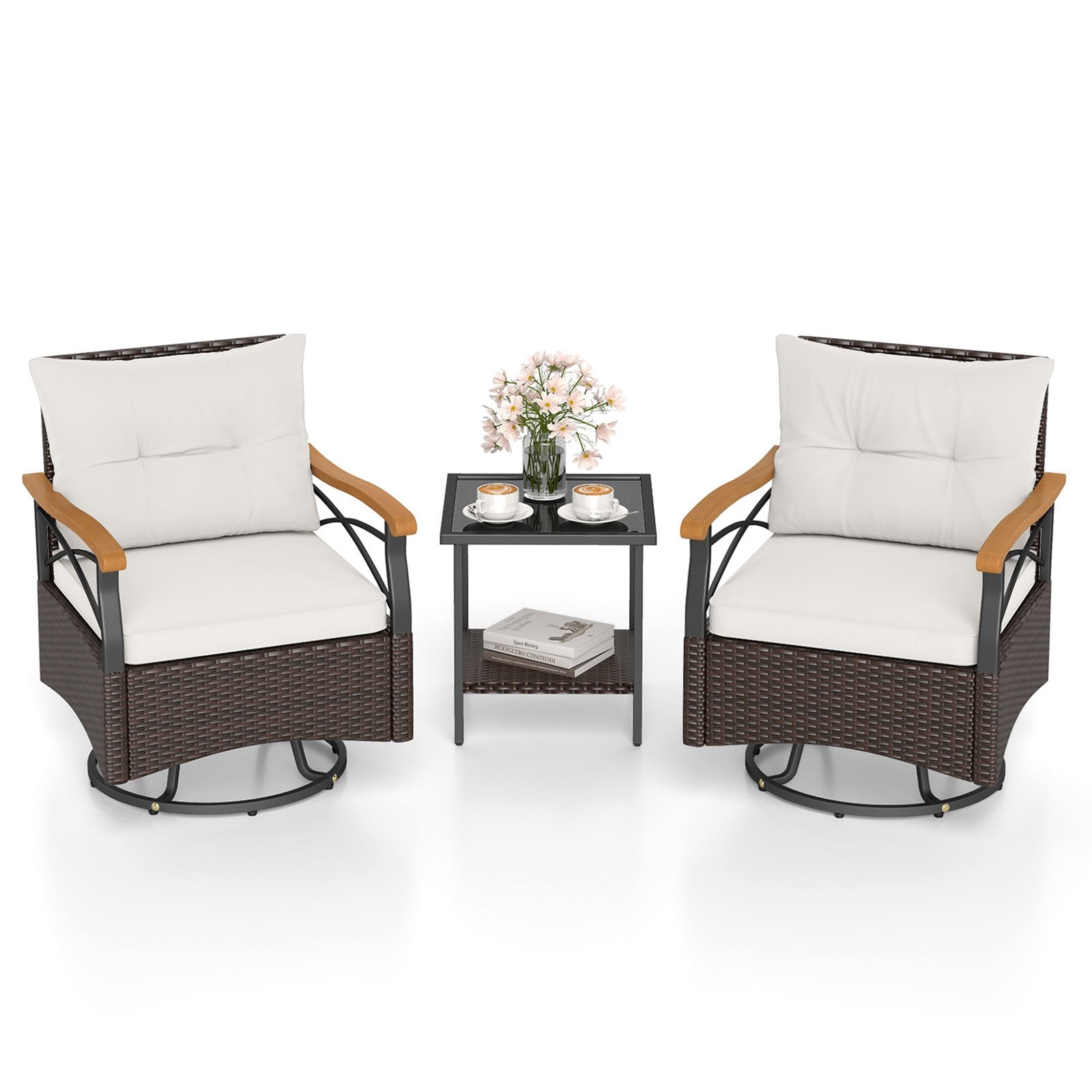 3 Piece Outdoor Swivel Chair Set Patio Wicker Rotating Chairs with Table- 3 Piece Outdoor Swivel Chair Set Patio Wicker Rotating Chairs with Table-