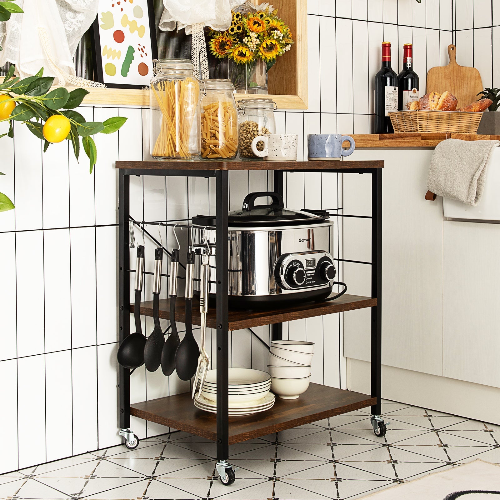 3 Tier Rolling Kitchen Baker's Rack with Adjustable Shelf and Hooks-Net Brown 3 Tier Rolling Kitchen Baker's Rack with Adjustable Shelf and Hooks-Net Brown