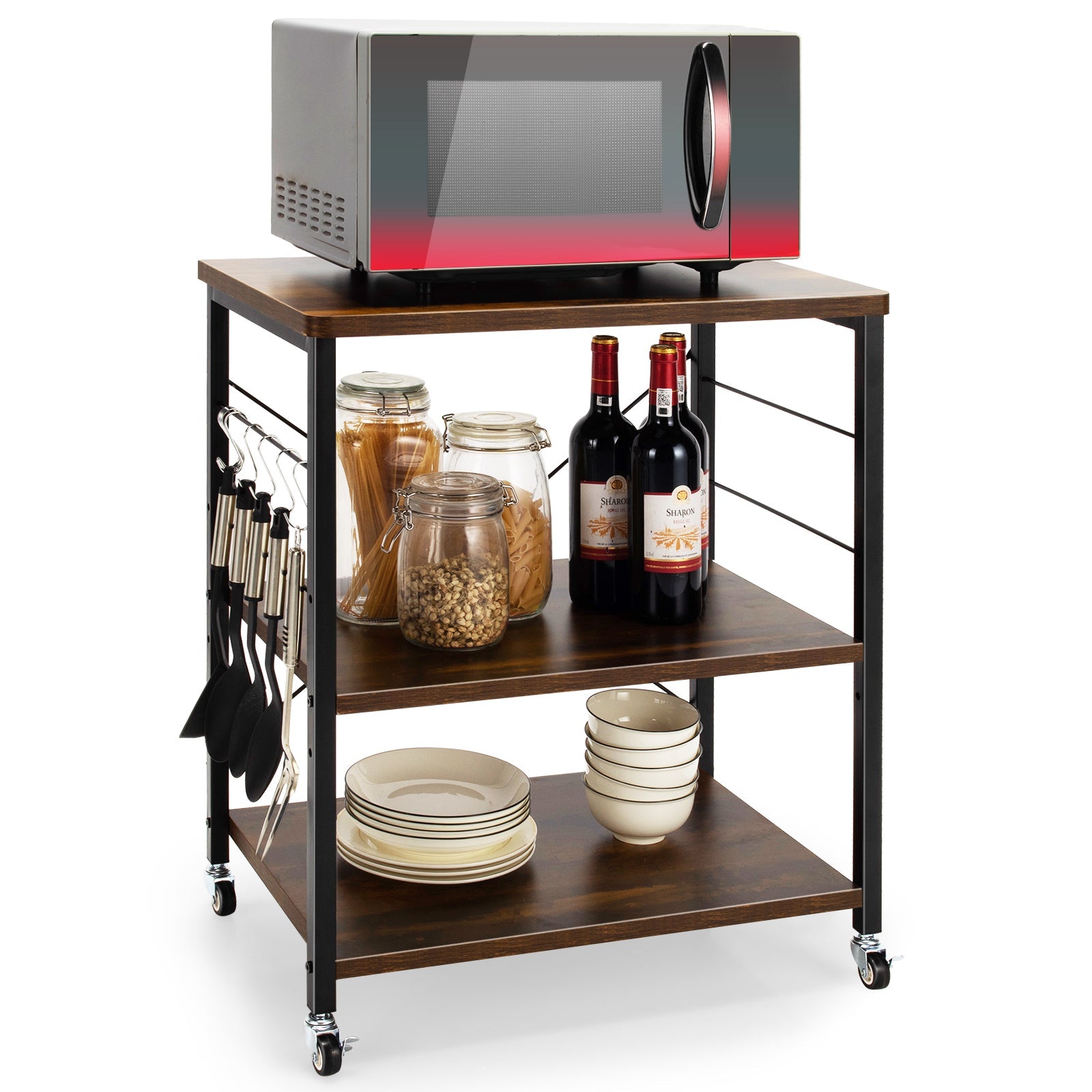 3 Tier Rolling Kitchen Baker's Rack with Adjustable Shelf and Hooks-Net Brown 3 Tier Rolling Kitchen Baker's Rack with Adjustable Shelf and Hooks-Net Brown