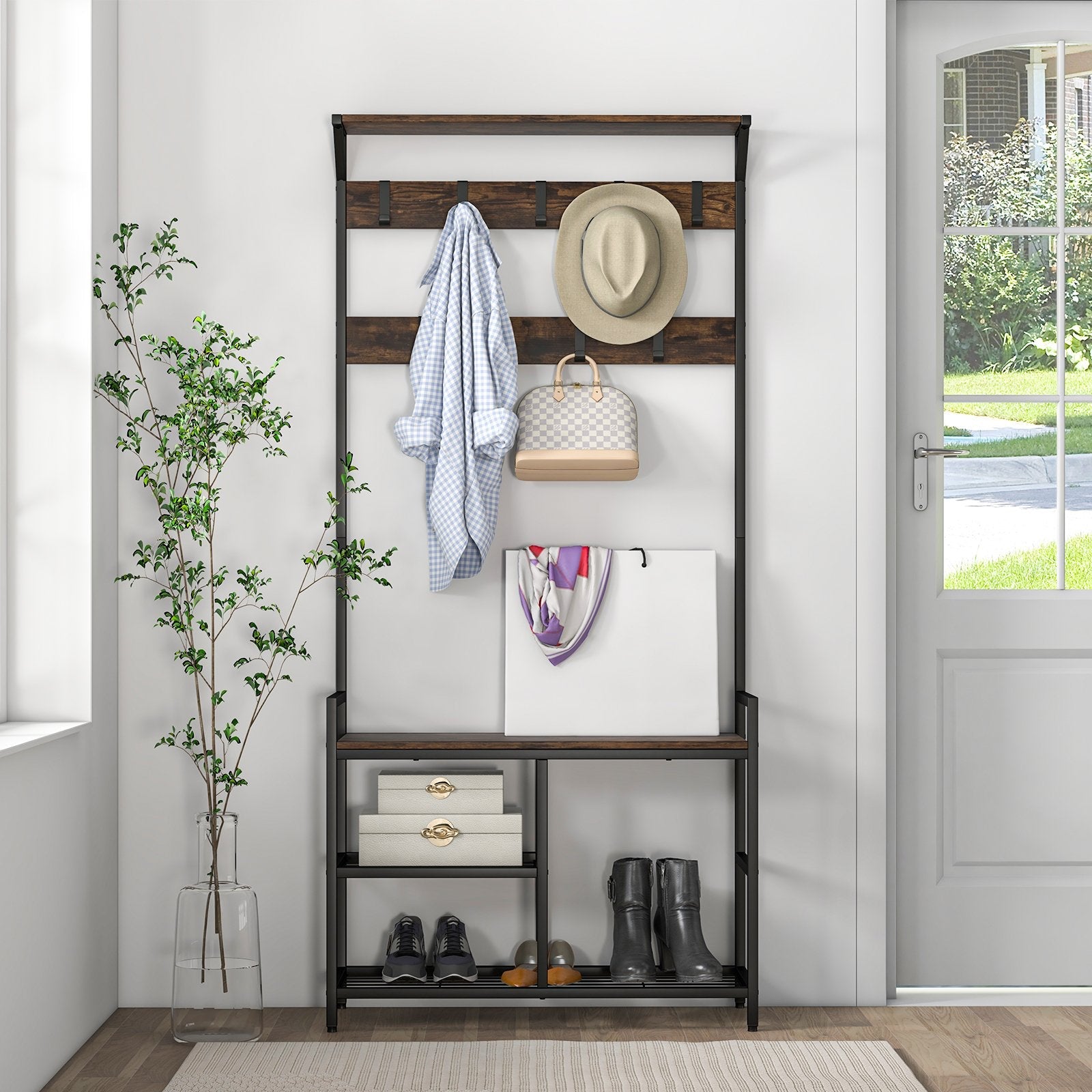 3-in-1 Coat Rack Freestanding Industrial Entryway Spacious Storage Shelf- 3-in-1 Coat Rack Freestanding Industrial Entryway Spacious Storage Shelf-