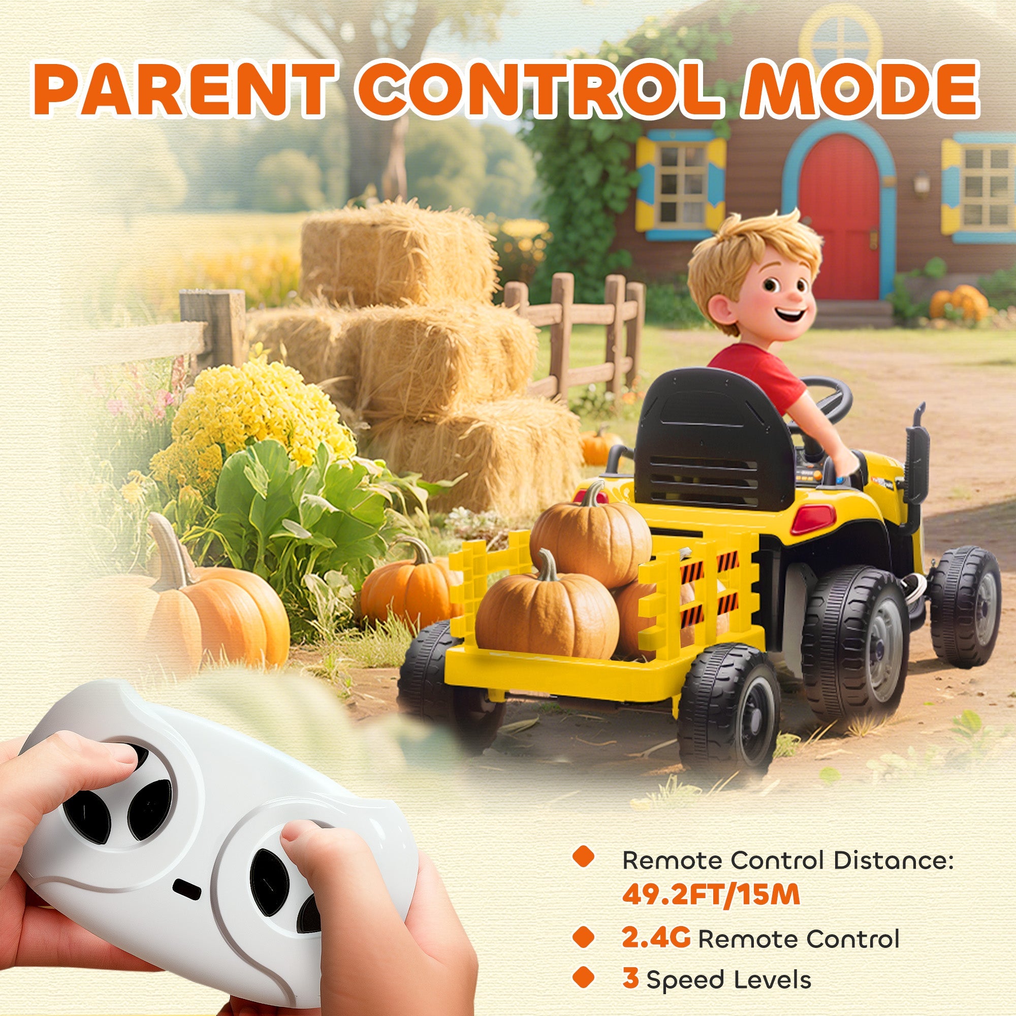AIYAPLAY 12V Ride on Tractor and Trailer with Remote Control, Music, Shifter, Start-Up Sound, for Kids Ages 3-8 Years, Yellow AIYAPLAY 12V Ride on Tractor and Trailer with Remote Control, Music, Shifter, Start-Up Sound, for Kids Ages 3-8 Years, Yellow