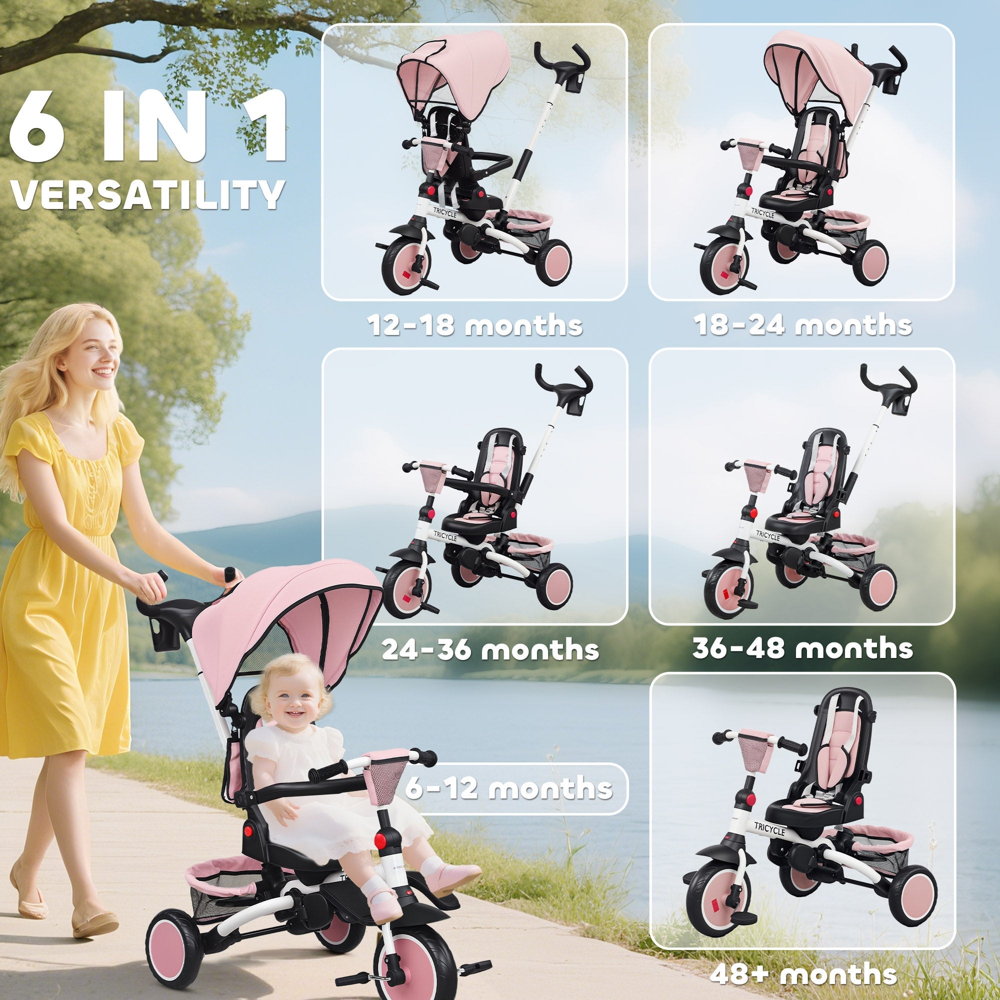 AIYAPLAY 6 in 1 Foldable Kids Trike with Adjustable Parent Handle & Canopy for Ages 1-5, Pink AIYAPLAY 6 in 1 Foldable Kids Trike with Adjustable Parent Handle & Canopy for Ages 1-5, Pink