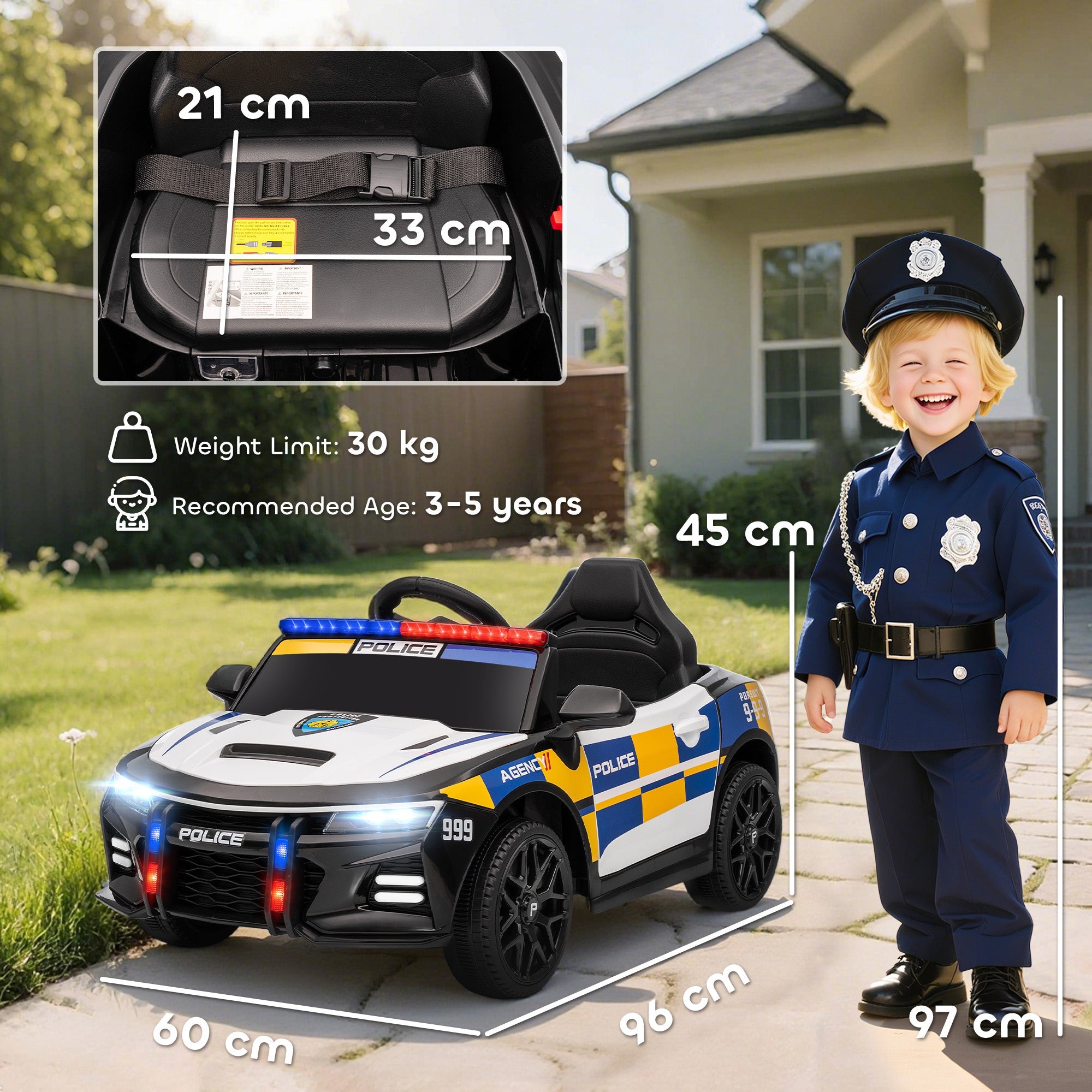AIYAPLAY Kids Electric Ride on Police Car with Remote Control, Music, Horn, Siren Flashing Lights for 3-5 Years Old, Multicolour AIYAPLAY Kids Electric Ride on Police Car with Remote Control, Music, Horn, Siren Flashing Lights for 3-5 Years Old, Multicolour