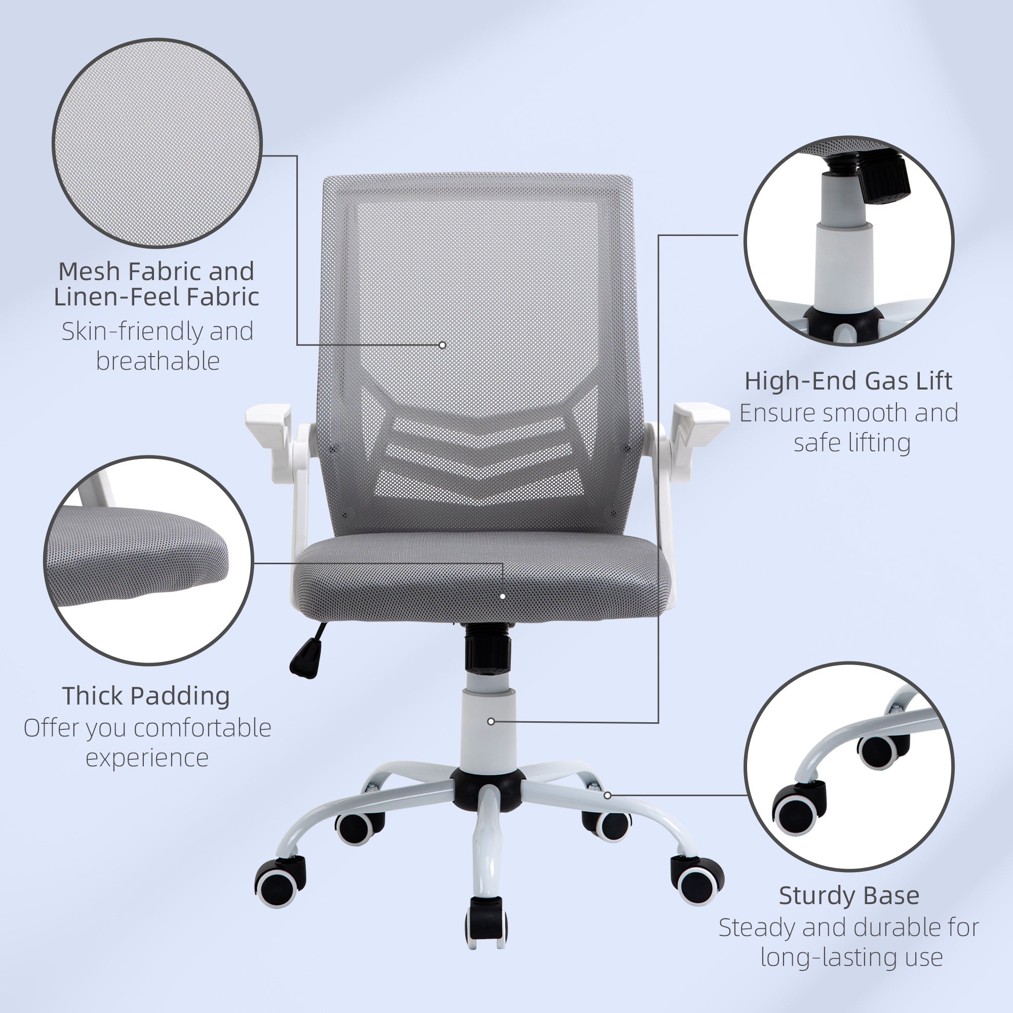 Vinsetto Home Office Chair and Computer Desk Set, Mesh Chair with with 90° Flip-up Armrest, Study Desk with Keyboard Tray and Drawer, White and in Sophisticated Grey Vinsetto Home Office Chair and Computer Desk Set, Mesh Chair with with 90° Flip-up Armrest, Study Desk with Keyboard Tray and Drawer, White and in Sophisticated Grey