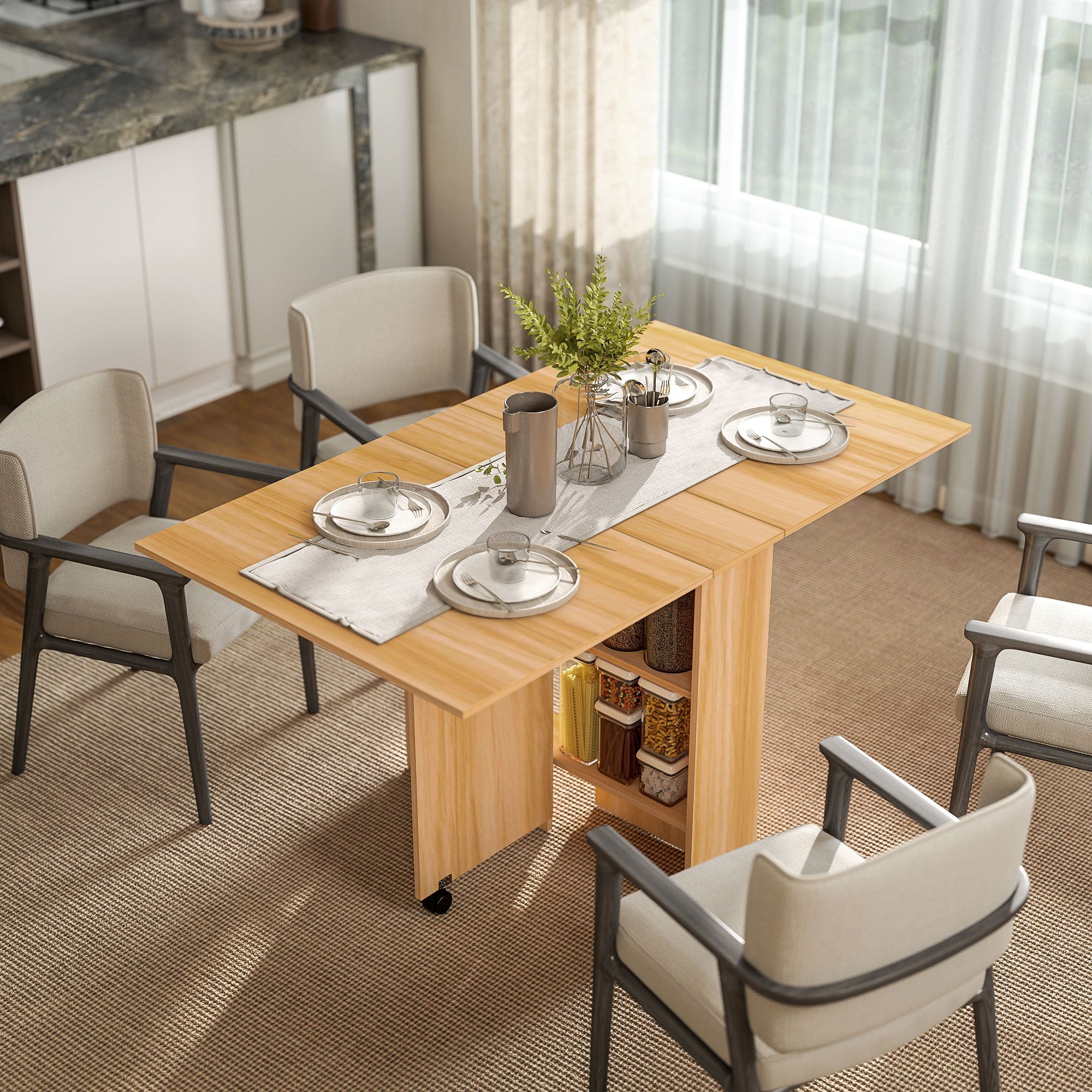 Elegant HOMCOM Folding Dining Table, Drop Leaf Table for Small Spaces, Foldable Rectangular Tabletop with Spacious Storage Shelves for Kitchen, Dining Room, Teak Elegant HOMCOM Folding Dining Table, Drop Leaf Table for Small Spaces, Foldable Rectangular Tabletop with Spacious Storage Shelves for Kitchen, Dining Room, Teak
