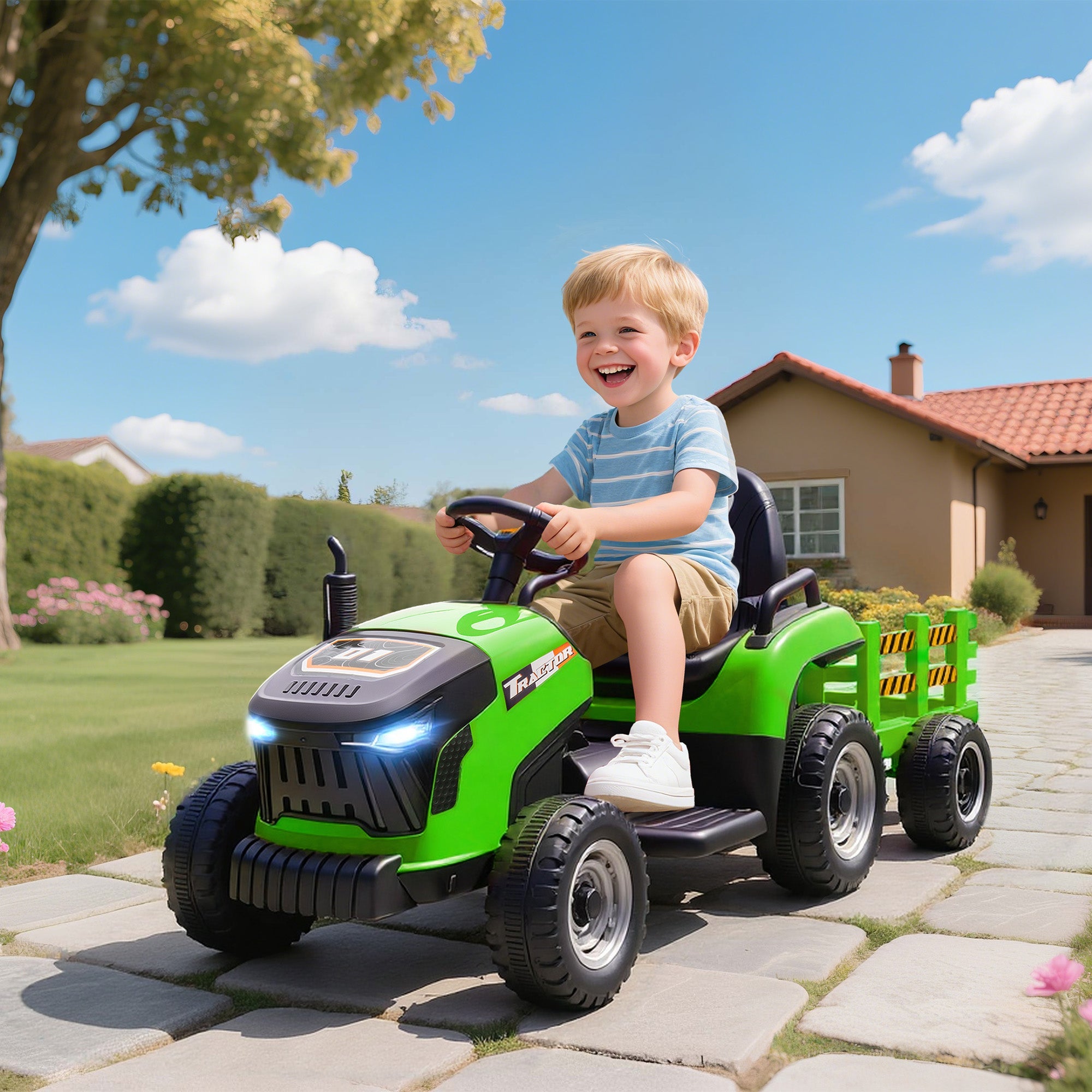 AIYAPLAY 12V Ride on Tractor and Trailer with Remote Control, Music, Shifter, Start-Up Sound, for Kids Ages 3-8 Years, Green AIYAPLAY 12V Ride on Tractor and Trailer with Remote Control, Music, Shifter, Start-Up Sound, for Kids Ages 3-8 Years, Green