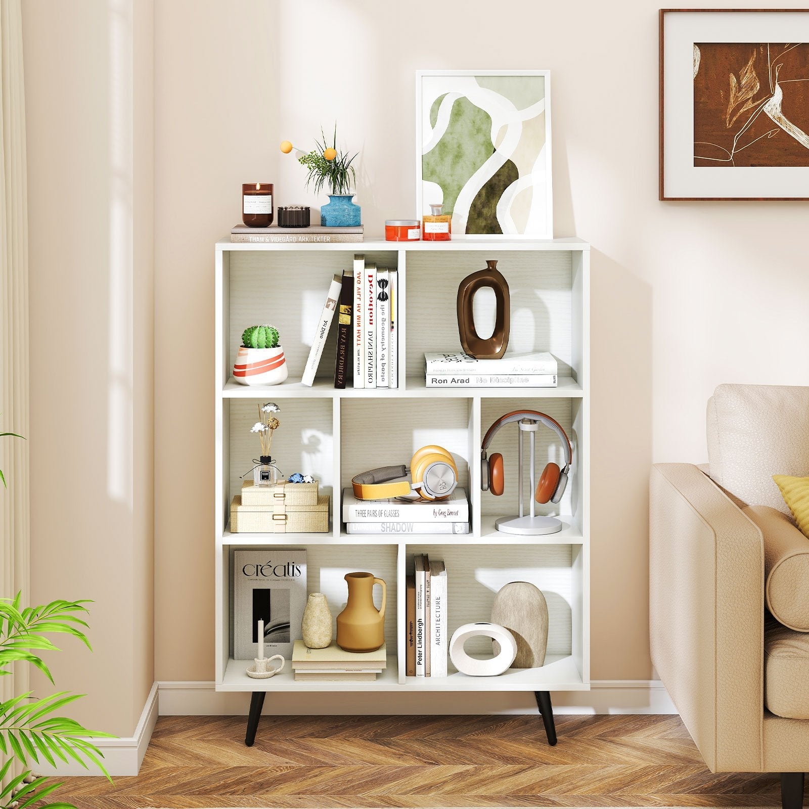 7-Cube Bookcase Mid Century Modern Spacious Storage Organizer with 4 Tapered Metal Legs- 7-Cube Bookcase Mid Century Modern Spacious Storage Organizer with 4 Tapered Metal Legs-