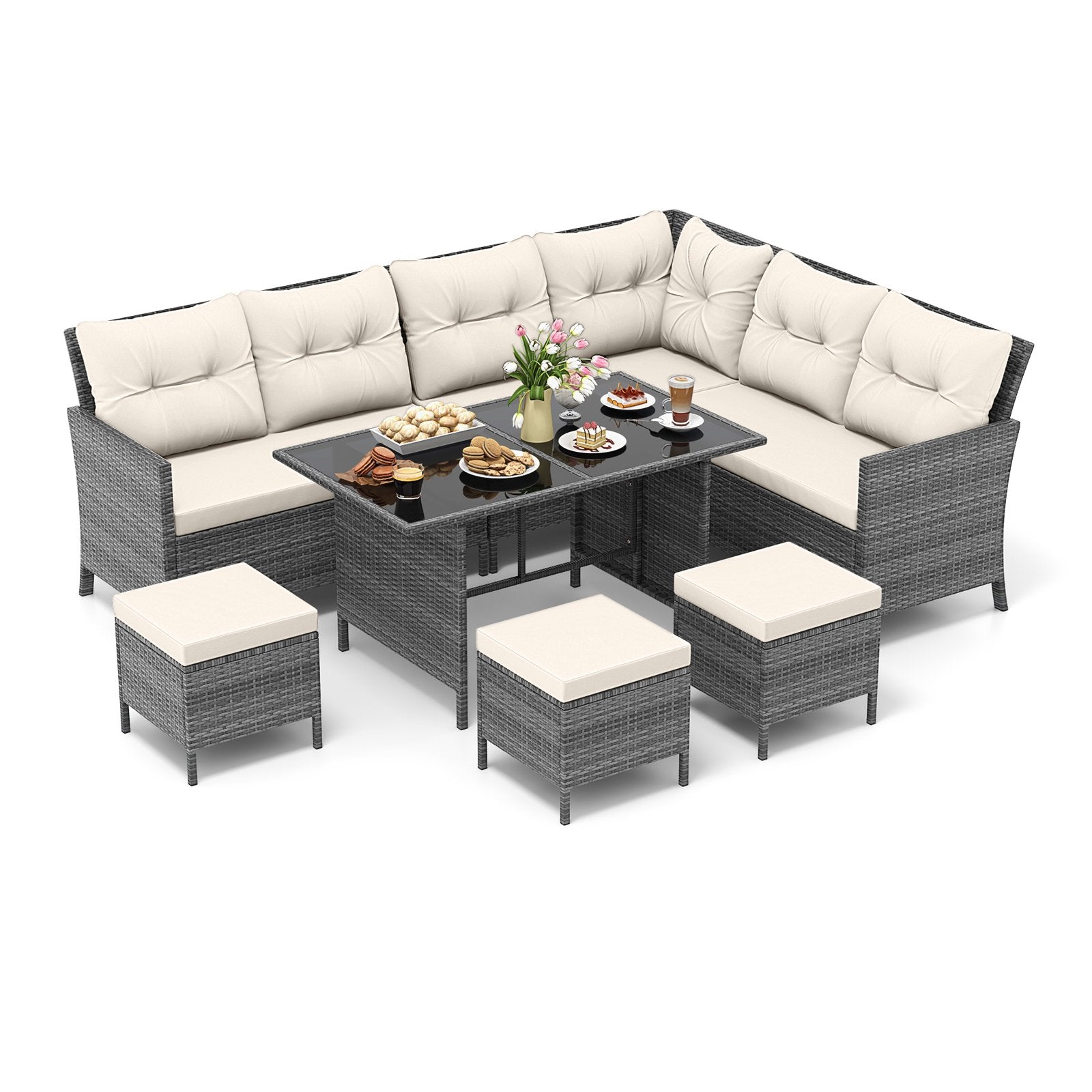 7 Pieces Patio Dining Furniture Set Outdoor PE Rattan Sectional Sofa Set-Off White 7 Pieces Patio Dining Furniture Set Outdoor PE Rattan Sectional Sofa Set-Off White
