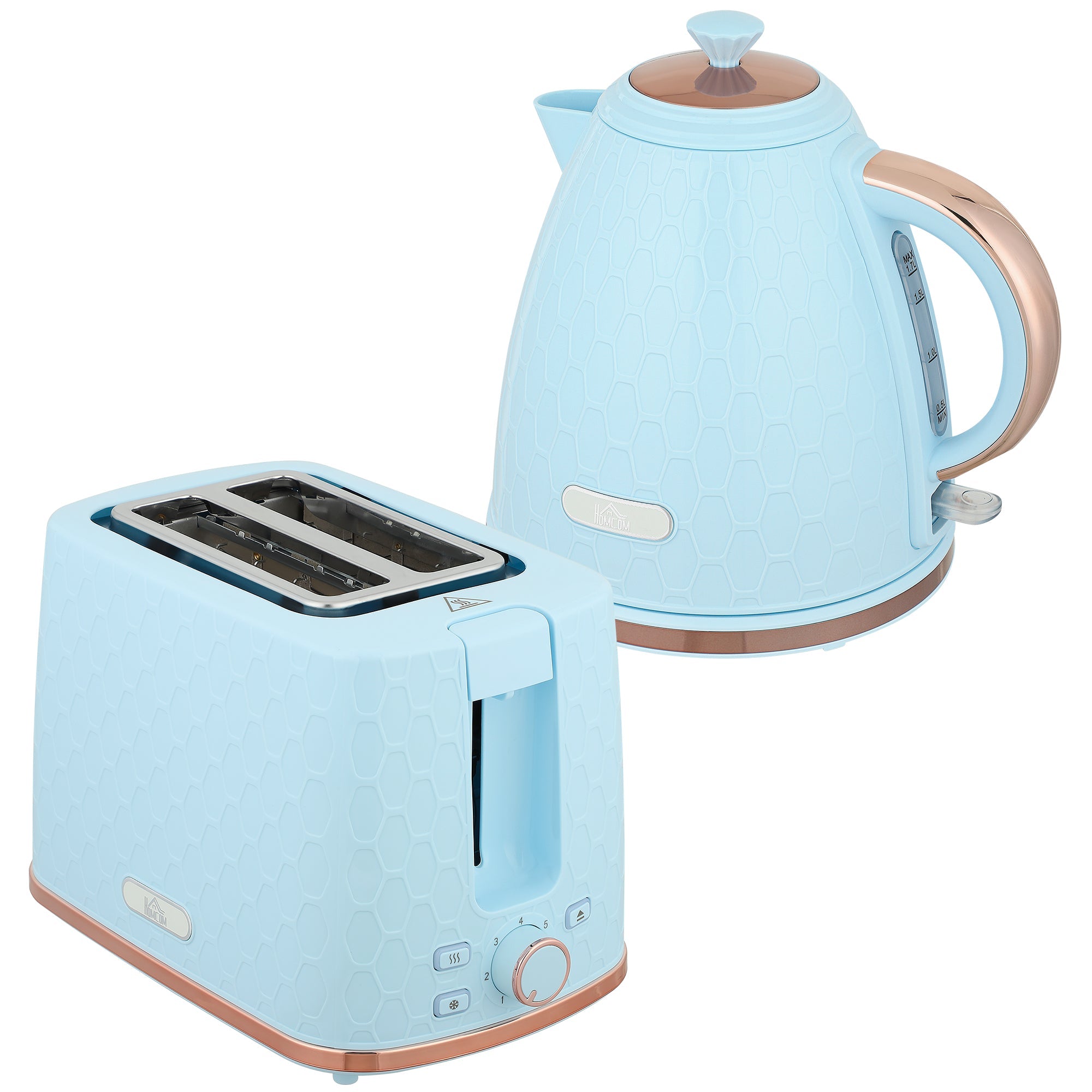 Elegant HOMCOM 1.7L 3000W Fast Boil Kettle & 2 Slice Toaster Set, Kettle and Toaster Set with Auto Shut Off, Browning Controls, Light Blue Elegant HOMCOM 1.7L 3000W Fast Boil Kettle & 2 Slice Toaster Set, Kettle and Toaster Set with Auto Shut Off, Browning Controls, Light Blue