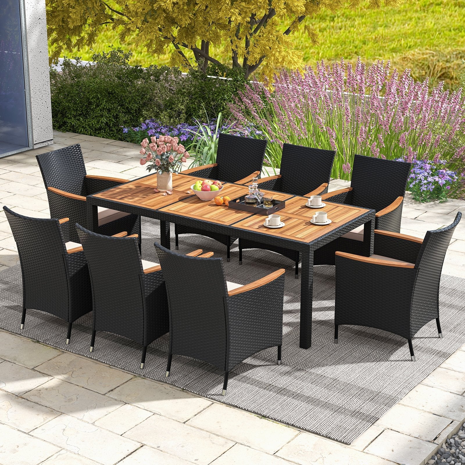 9 PCS Patio Dining Set for 8 Large Conversation Set with Umbrella Hole- 9 PCS Patio Dining Set for 8 Large Conversation Set with Umbrella Hole-