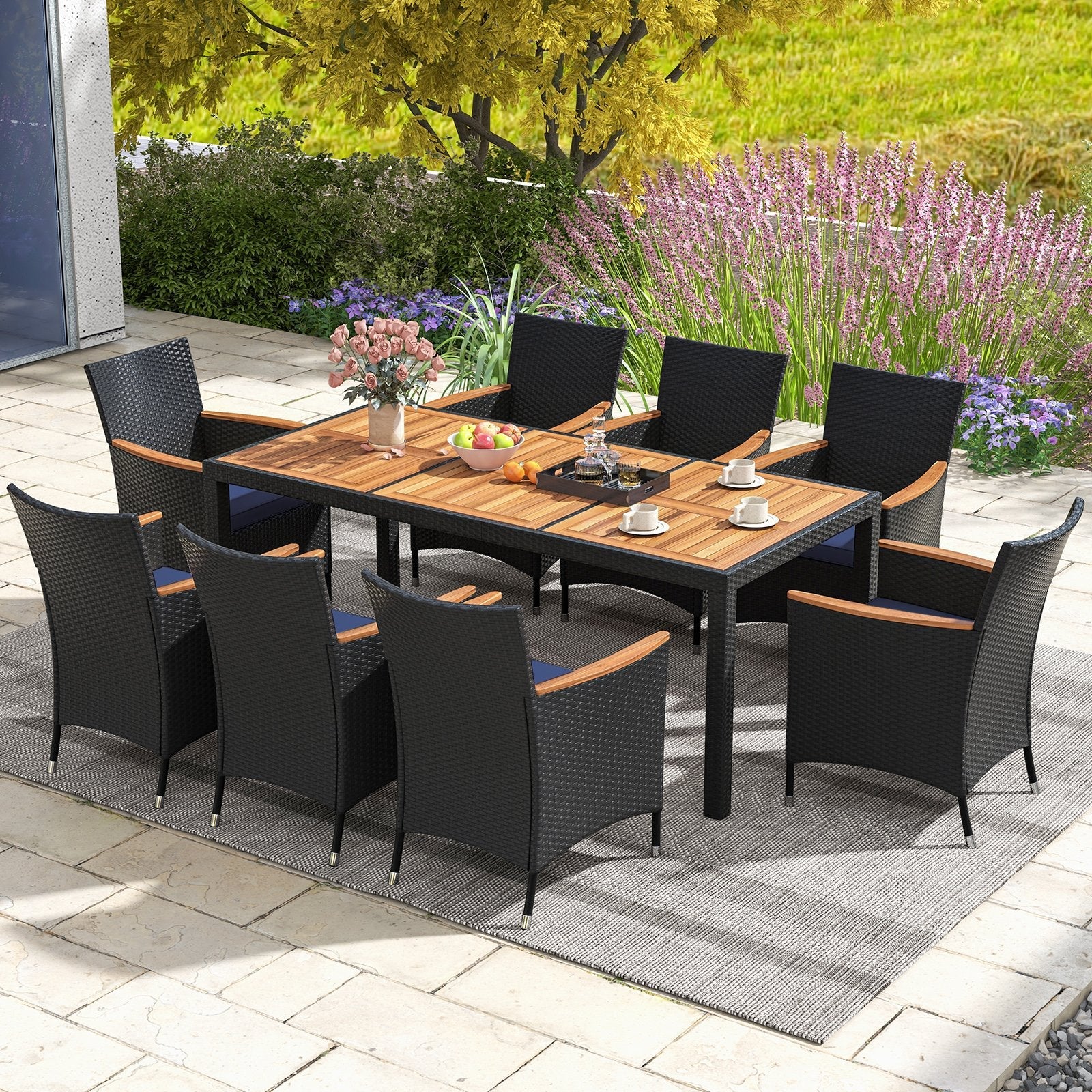 9 PCS Patio Dining Set for 8 Large Conversation Set with Umbrella Hole- 9 PCS Patio Dining Set for 8 Large Conversation Set with Umbrella Hole-