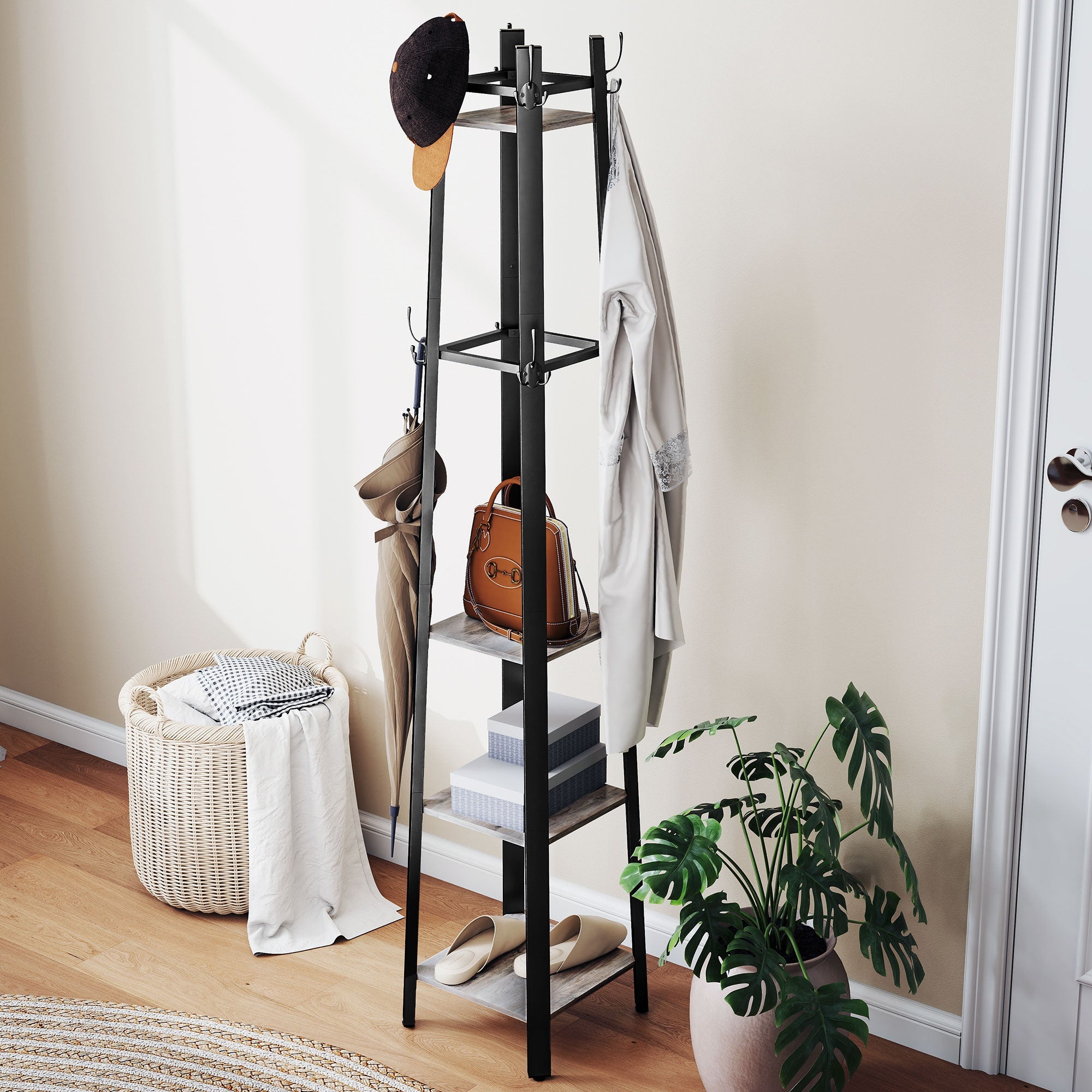 Elegant HOMCOM Industrial Coat Stand with 8 Hooks and 4 Shelves - in Sophisticated Grey Elegant HOMCOM Industrial Coat Stand with 8 Hooks and 4 Shelves - in Sophisticated Grey