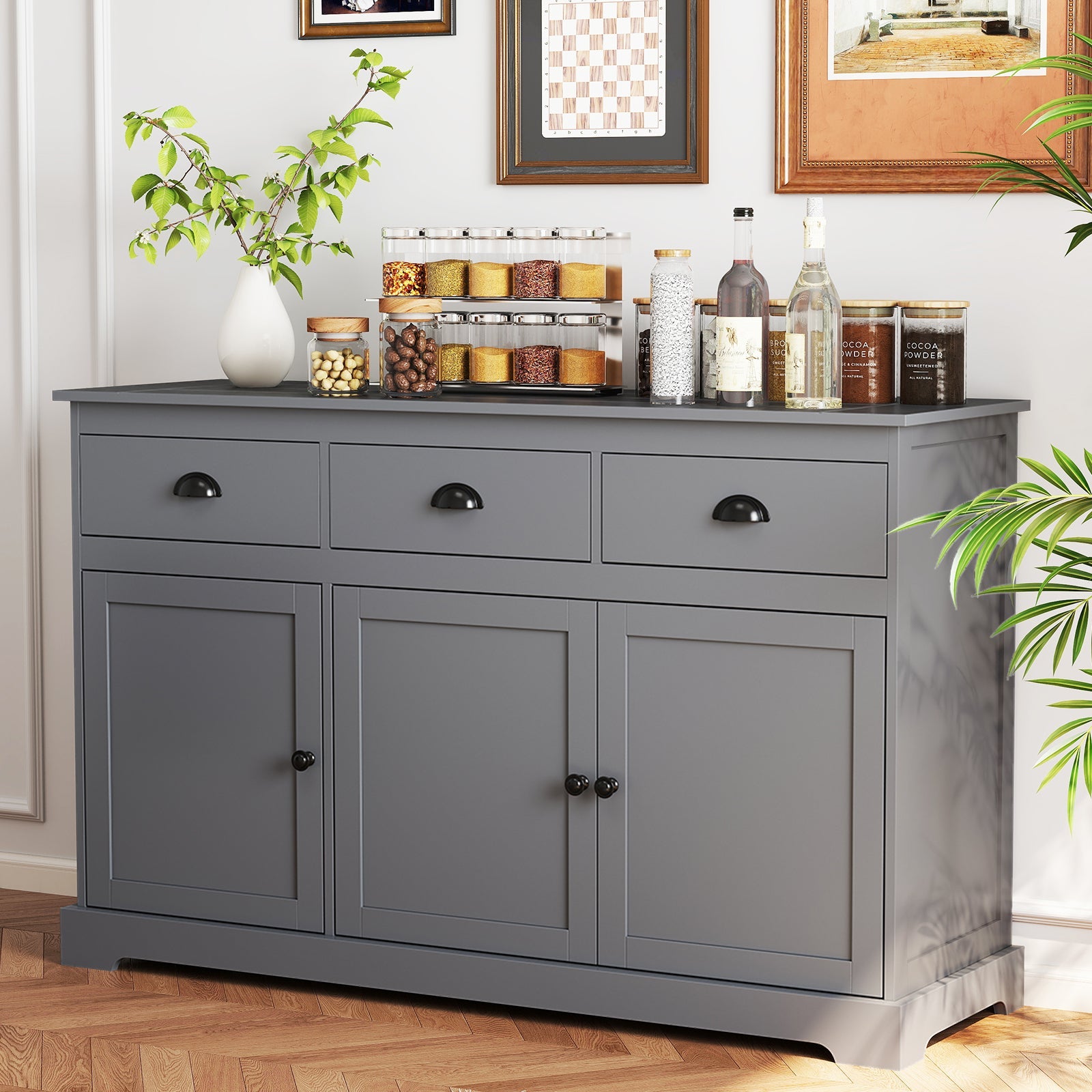 Modern Buffet Sideboard 136cm Spacious Storage Cabinet with 3 Drawers- Modern Buffet Sideboard 136cm Spacious Storage Cabinet with 3 Drawers-