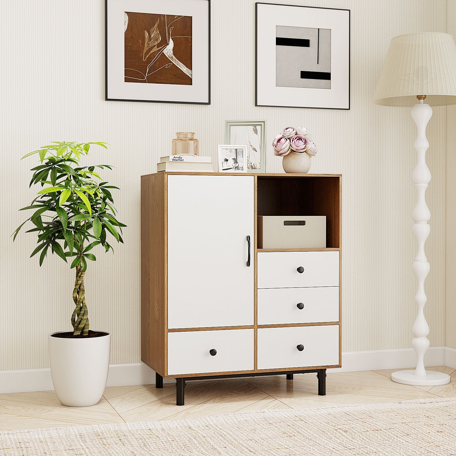 Buffet Sideboard Mid Century Modern Spacious Storage Cabinet with 4 Drawers- Buffet Sideboard Mid Century Modern Spacious Storage Cabinet with 4 Drawers-