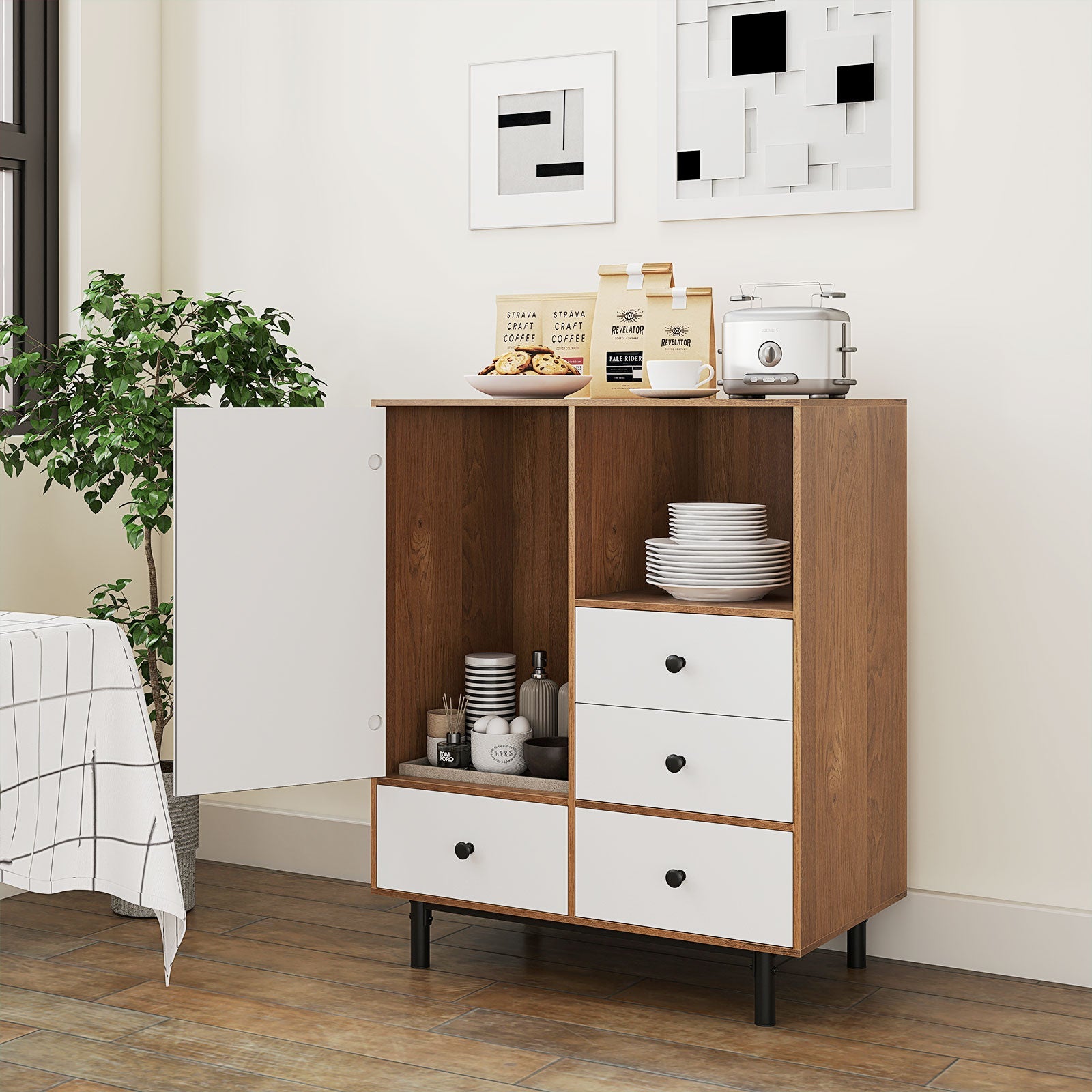 Buffet Sideboard Mid Century Modern Spacious Storage Cabinet with 4 Drawers- Buffet Sideboard Mid Century Modern Spacious Storage Cabinet with 4 Drawers-