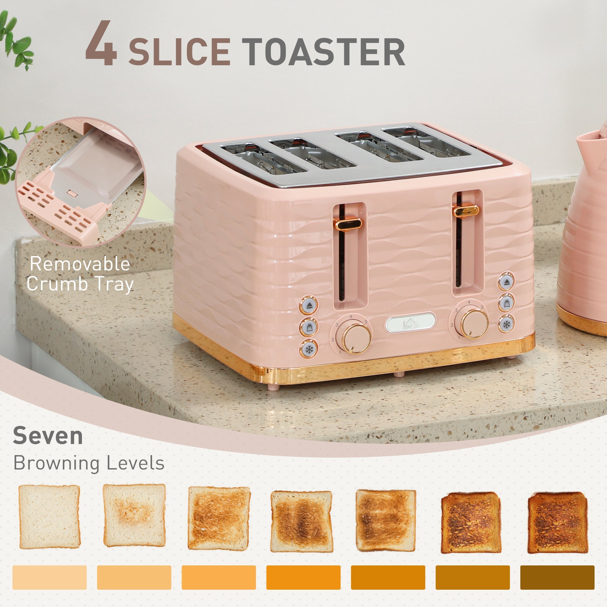 Elegant HOMCOM 3000W 1.7L Kettle & 4 Slice Toaster, Kettle and Toaster Set with 7 Browning Controls and Crumb Tray, Light Pink Elegant HOMCOM 3000W 1.7L Kettle & 4 Slice Toaster, Kettle and Toaster Set with 7 Browning Controls and Crumb Tray, Light Pink