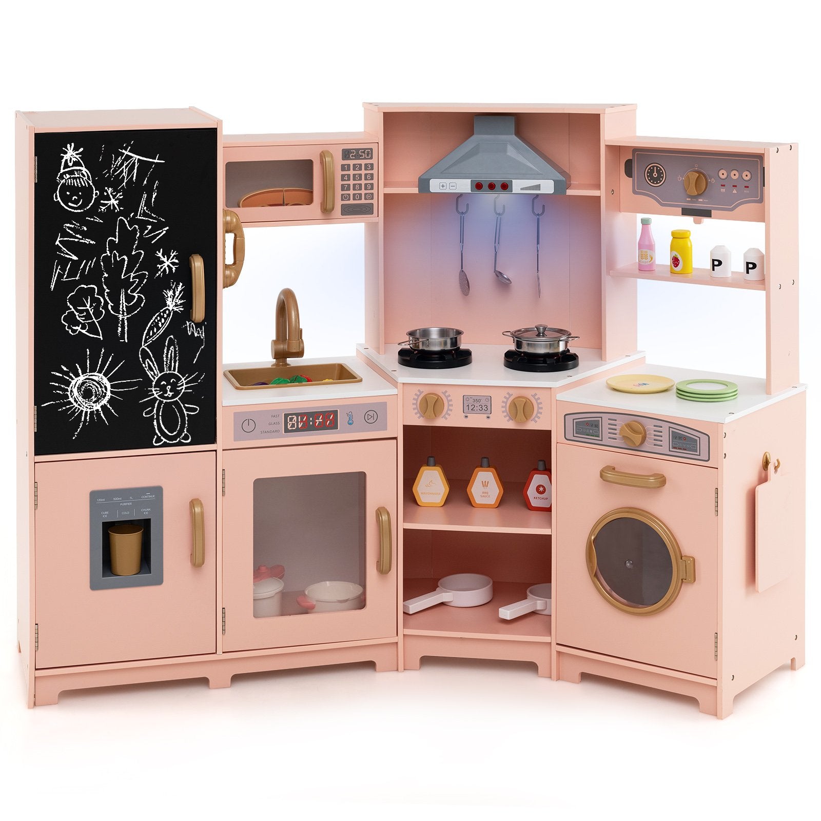 Corner Wooden Play Kitchen with Lights Sounds Toy Kitchen Playset-Espresso Corner Wooden Play Kitchen with Lights Sounds Toy Kitchen Playset-Espresso