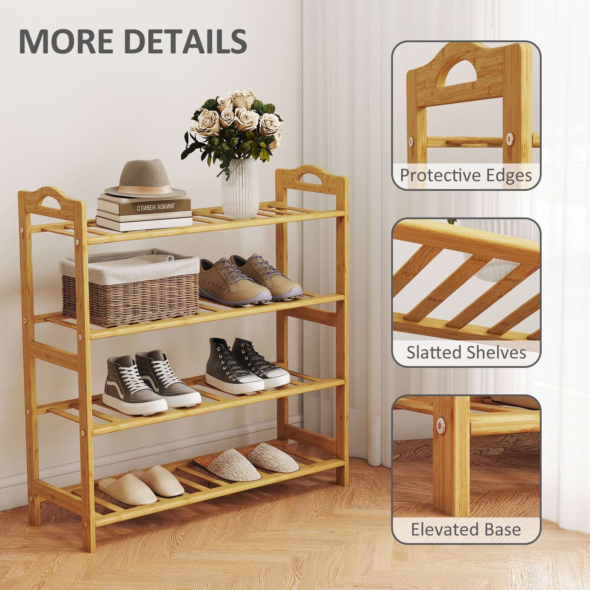 Elegant HOMCOM Freestanding Bamboo Shoe Rack, 4-Tier Shoe Shelf Stand for Hallway, Living Room, Bedroom, Natural Wood Finish Elegant HOMCOM Freestanding Bamboo Shoe Rack, 4-Tier Shoe Shelf Stand for Hallway, Living Room, Bedroom, Natural Wood Finish