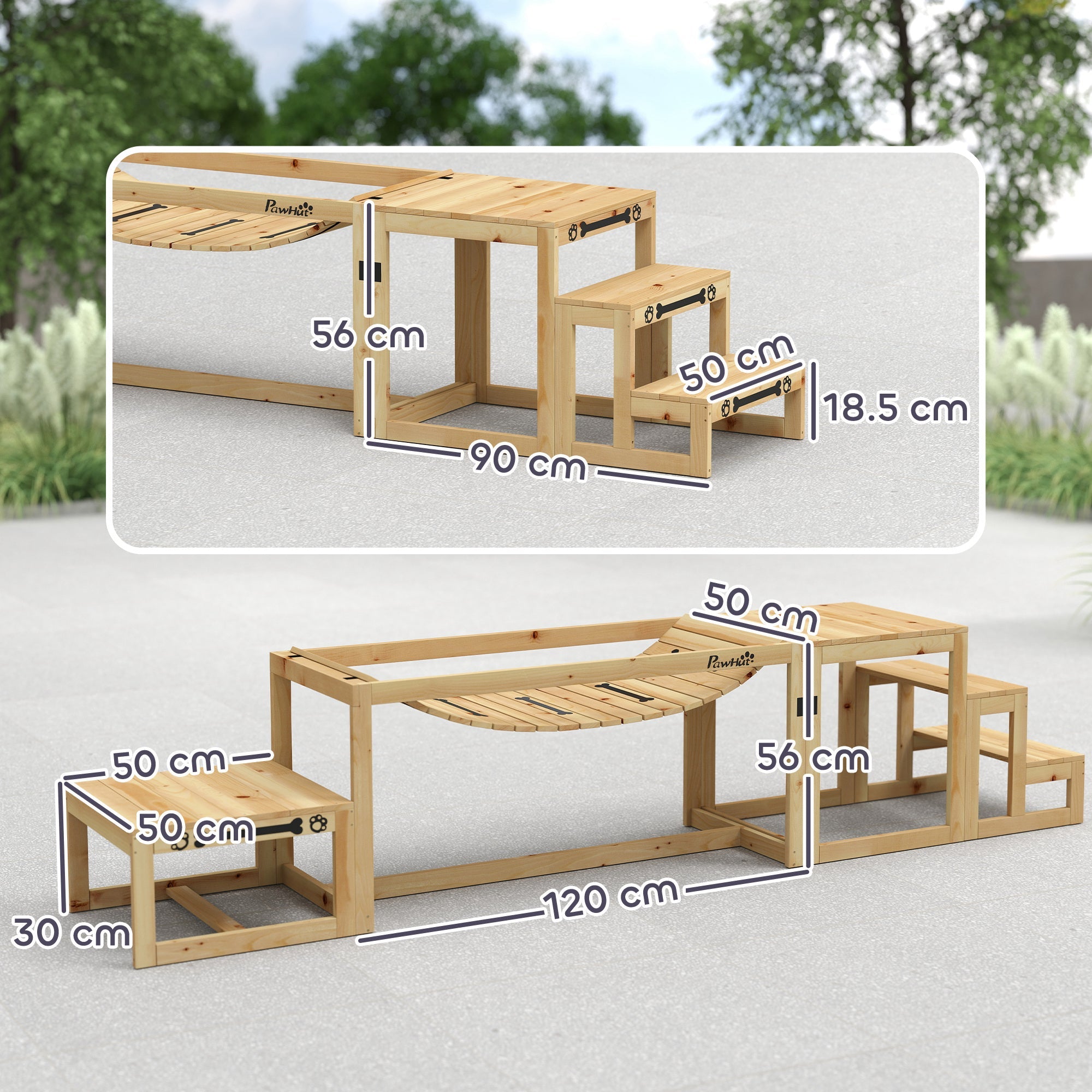 PawHut 3 Pieces Wooden Dog Agility Training Equipment with Soft Bridge, Pause Platform and Pet Stair for Outdoor, Natural Wood PawHut 3 Pieces Wooden Dog Agility Training Equipment with Soft Bridge, Pause Platform and Pet Stair for Outdoor, Natural Wood