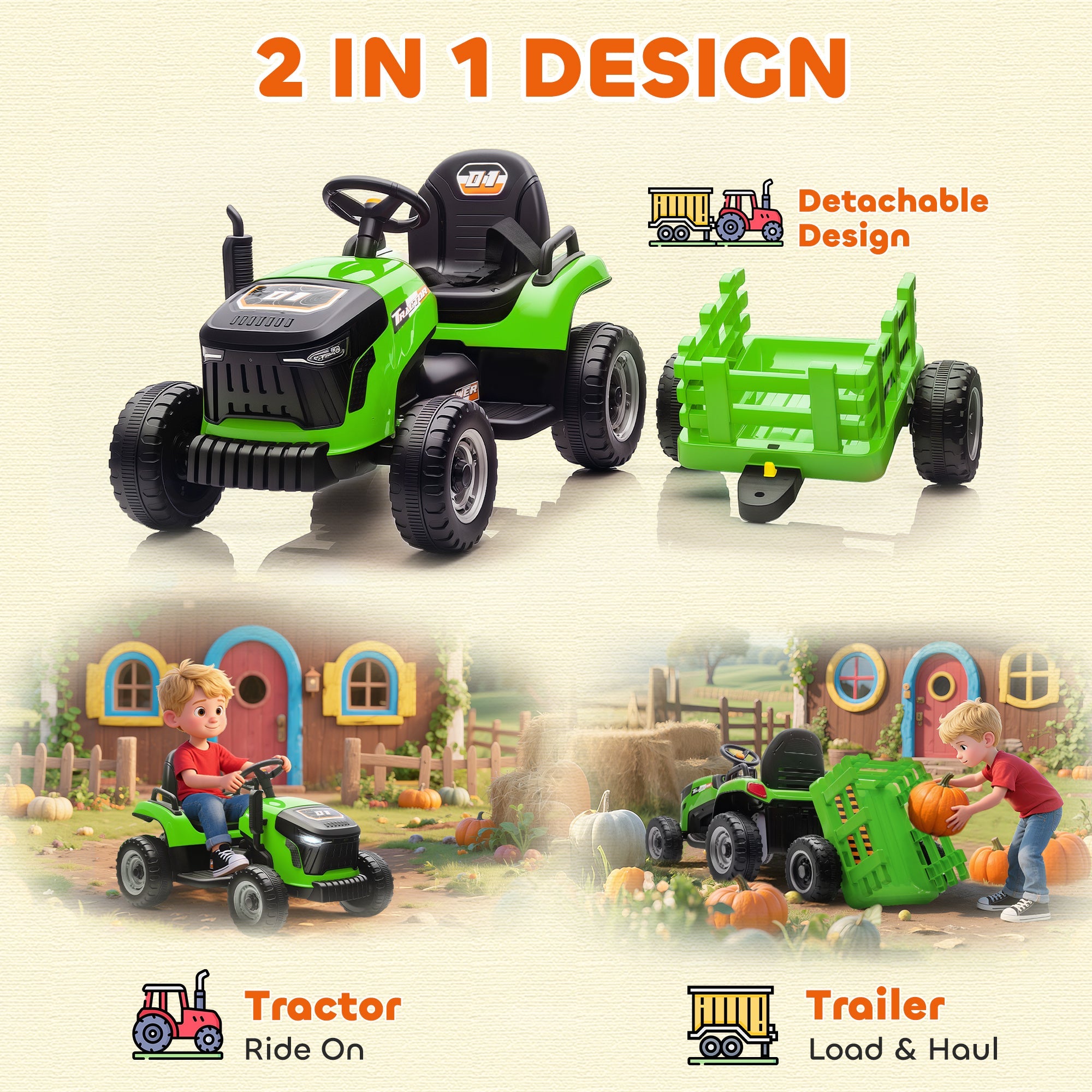 AIYAPLAY 12V Ride on Tractor and Trailer with Remote Control, Music, Shifter, Start-Up Sound, for Kids Ages 3-8 Years, Green AIYAPLAY 12V Ride on Tractor and Trailer with Remote Control, Music, Shifter, Start-Up Sound, for Kids Ages 3-8 Years, Green