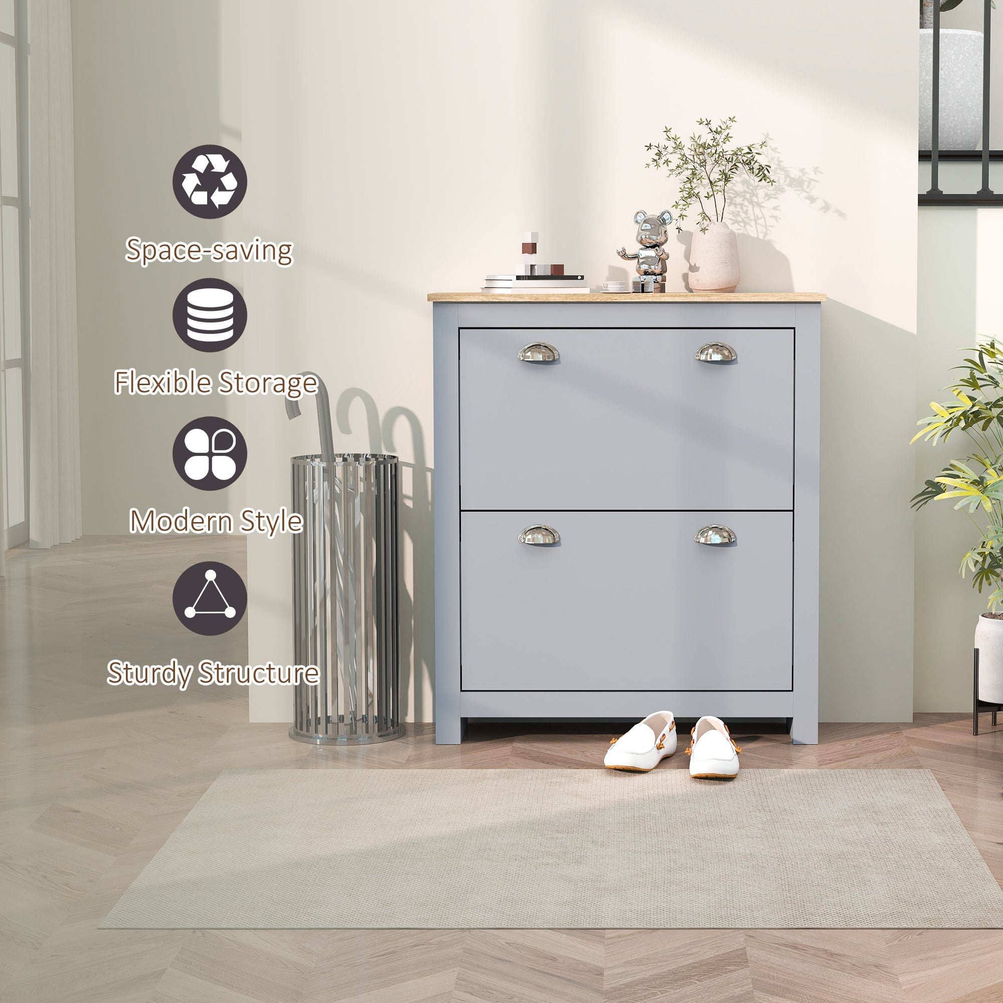 Elegant HOMCOM 2 Drawer Shoe Cabinet Modern Narrow Shoe Cupboard Hallway Wooden Spacious Storage Organiser with Flip Doors Adjustable Shelf for 6-12 Pairs, in Sophisticated Grey Elegant HOMCOM 2 Drawer Shoe Cabinet Modern Narrow Shoe Cupboard Hallway Wooden Spacious Storage Organiser with Flip Doors Adjustable Shelf for 6-12 Pairs, in Sophisticated Grey