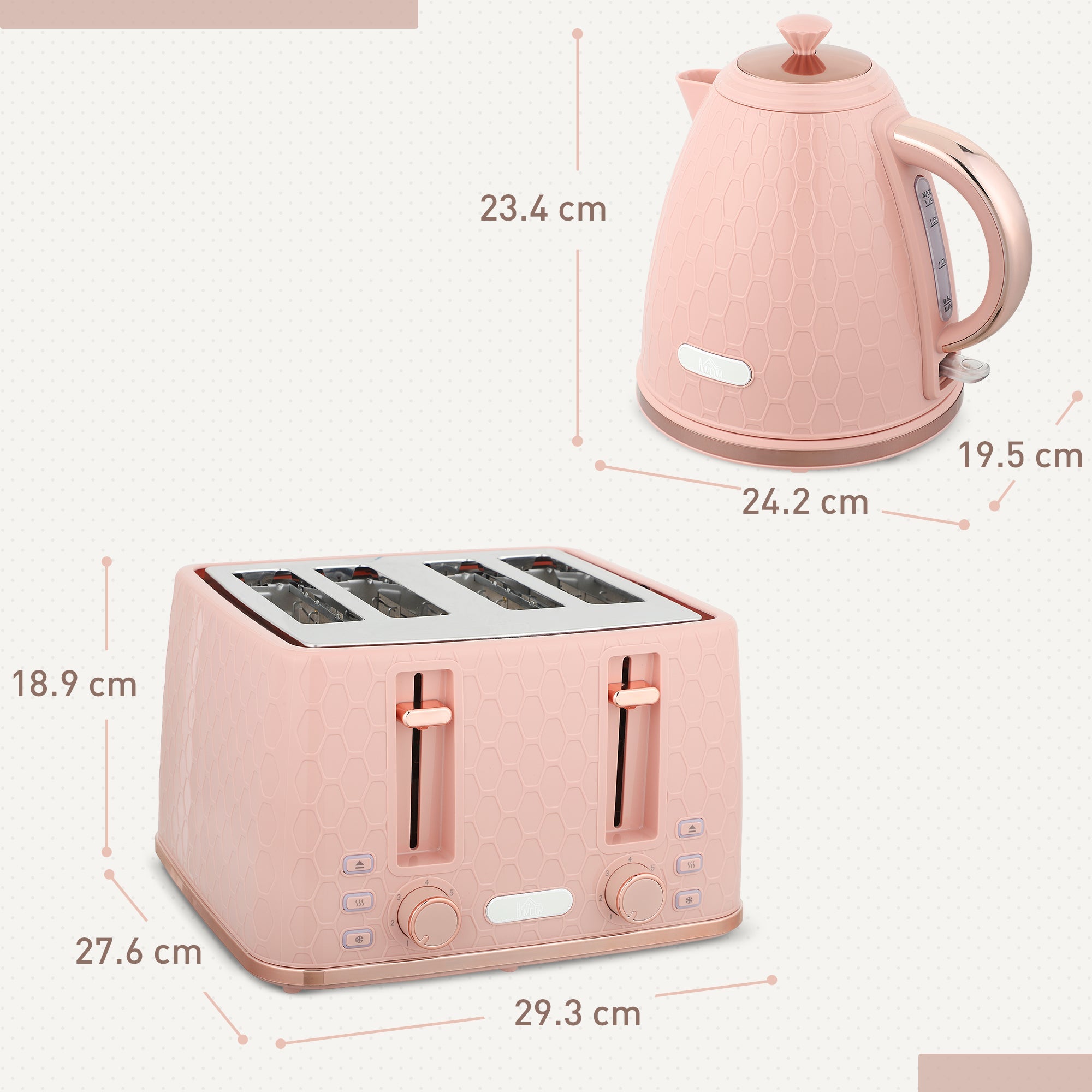 Elegant HOMCOM Kettle and Toaster Set, 1.7L 3000W Fast Boil Jug Kettle, 4 Slice Toaster with 7 Level Browning Controls, Light Pink Elegant HOMCOM Kettle and Toaster Set, 1.7L 3000W Fast Boil Jug Kettle, 4 Slice Toaster with 7 Level Browning Controls, Light Pink