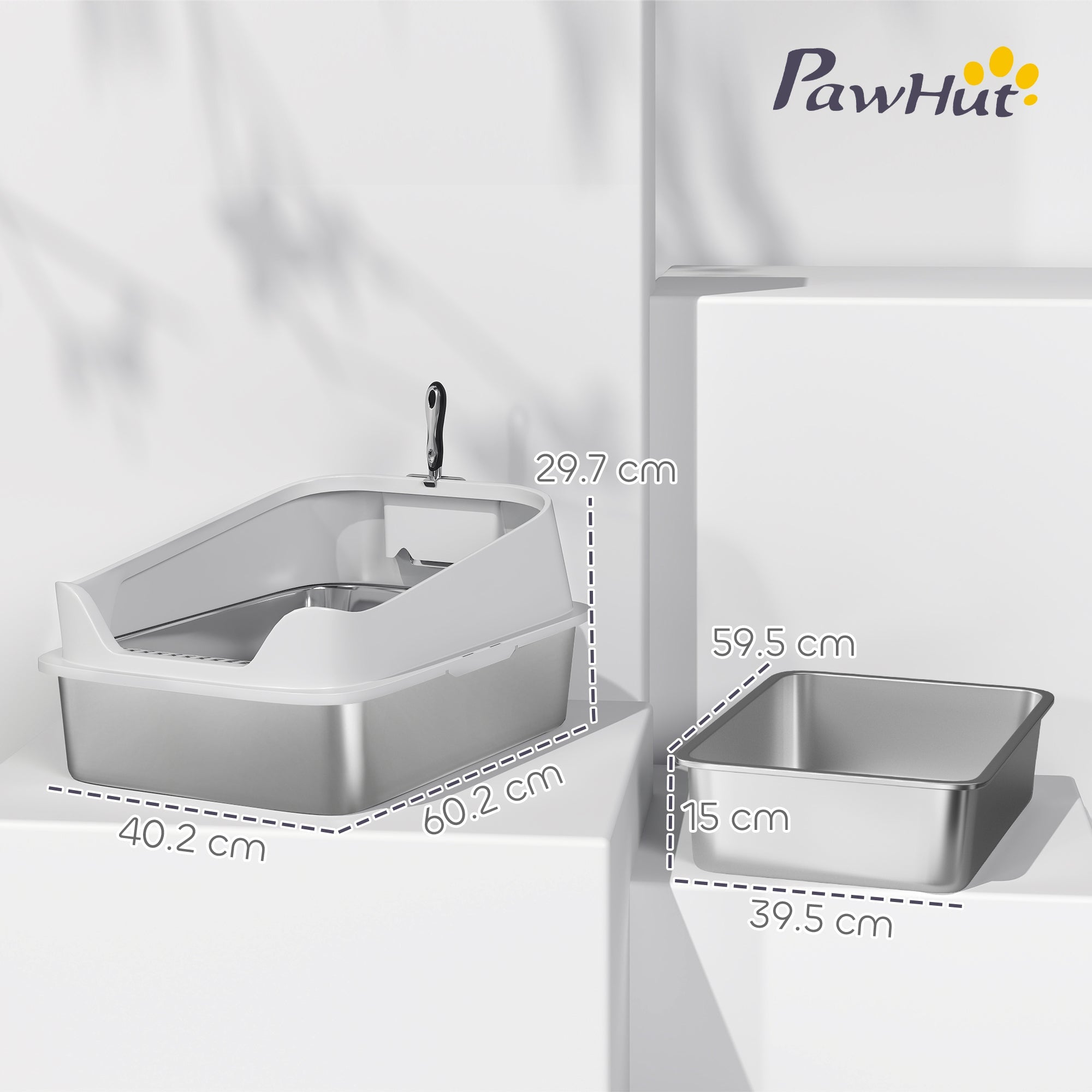 PawHut XL Stainless Steel Cat Litter Box with High Sides, Metal Scoop, 60 x 40 x 30 cm PawHut XL Stainless Steel Cat Litter Box with High Sides, Metal Scoop, 60 x 40 x 30 cm