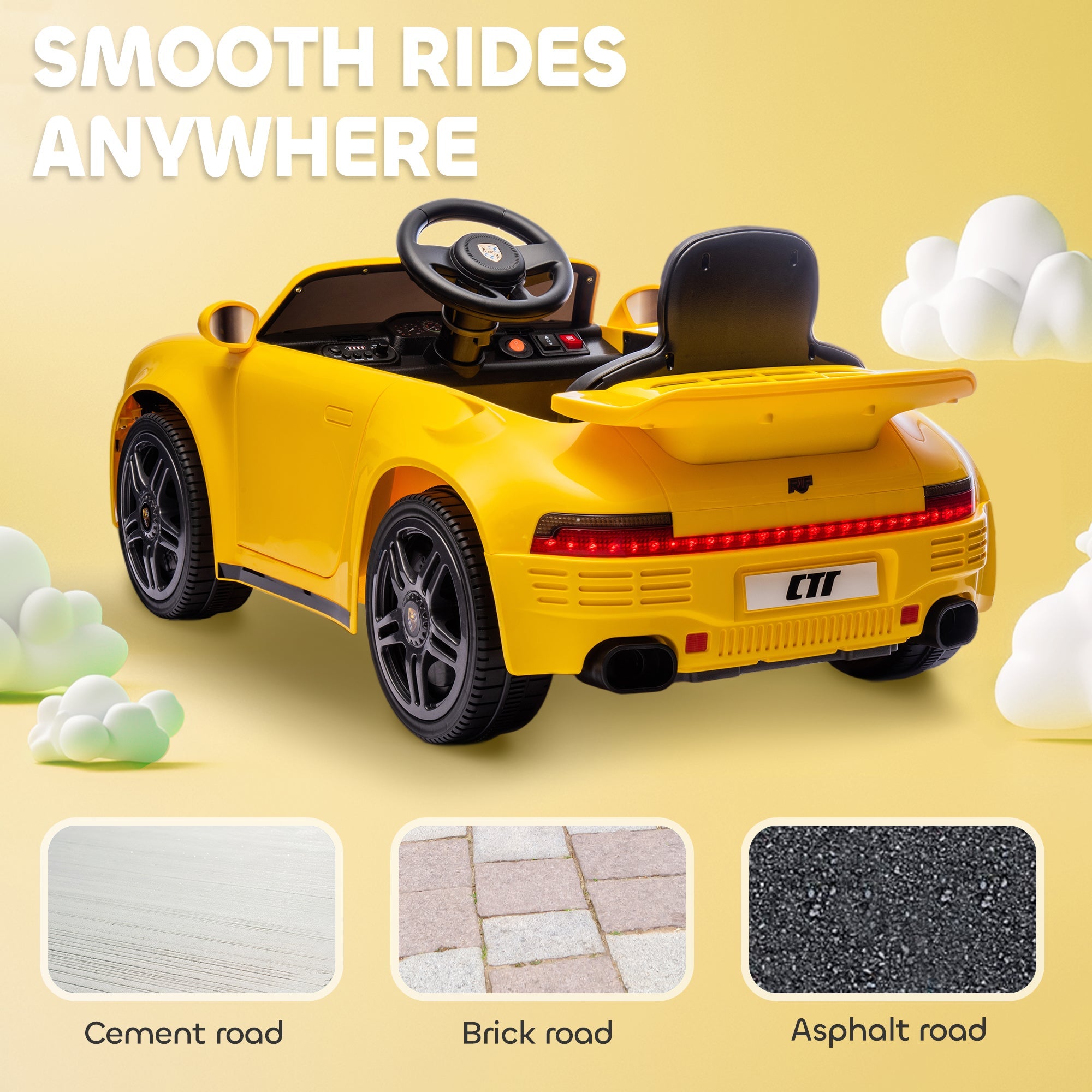 AIYAPLAY Licensed RUF CTR 2017 Electric Car for Kids, with Remote Control, Soft Start, MP3 Player, LED Lights, Yellow AIYAPLAY Licensed RUF CTR 2017 Electric Car for Kids, with Remote Control, Soft Start, MP3 Player, LED Lights, Yellow