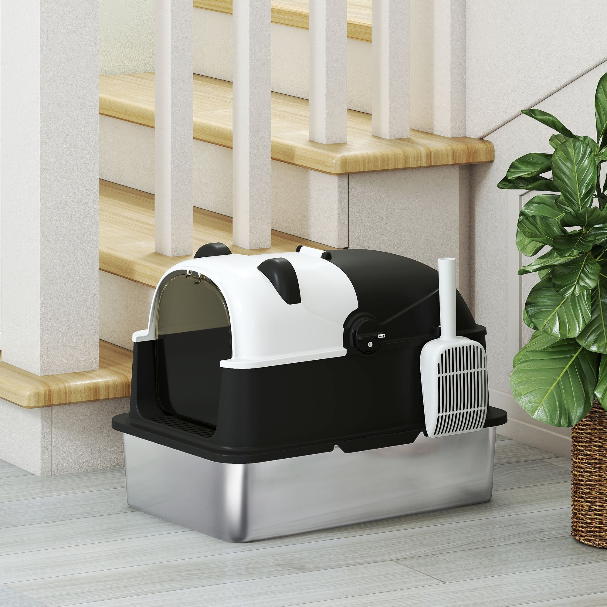 PawHut Panda Style XL Stainless Steel Cat Litter Box with Lid, Enclosed Kitty Litter Box with Scoop, 60 x 40 x 45 cm PawHut Panda Style XL Stainless Steel Cat Litter Box with Lid, Enclosed Kitty Litter Box with Scoop, 60 x 40 x 45 cm