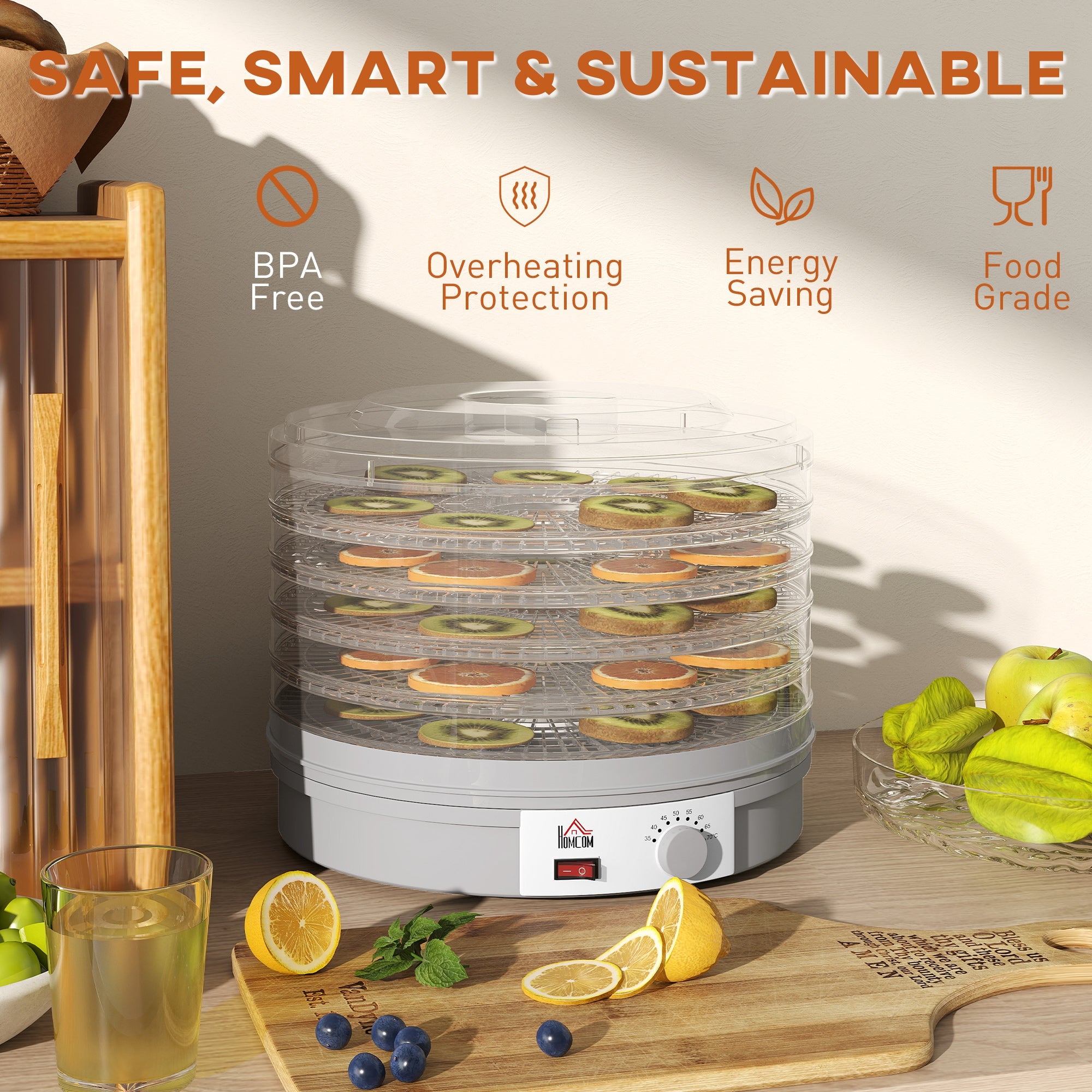 Elegant HOMCOM 5 Tier Food Dehydrator, 245W Food Dryer Machine with Adjustable Temperature Control for Drying Fruit, Meat, Vegetable, Jerky and Pet Treat, in Sophisticated Grey Elegant HOMCOM 5 Tier Food Dehydrator, 245W Food Dryer Machine with Adjustable Temperature Control for Drying Fruit, Meat, Vegetable, Jerky and Pet Treat, in Sophisticated Grey