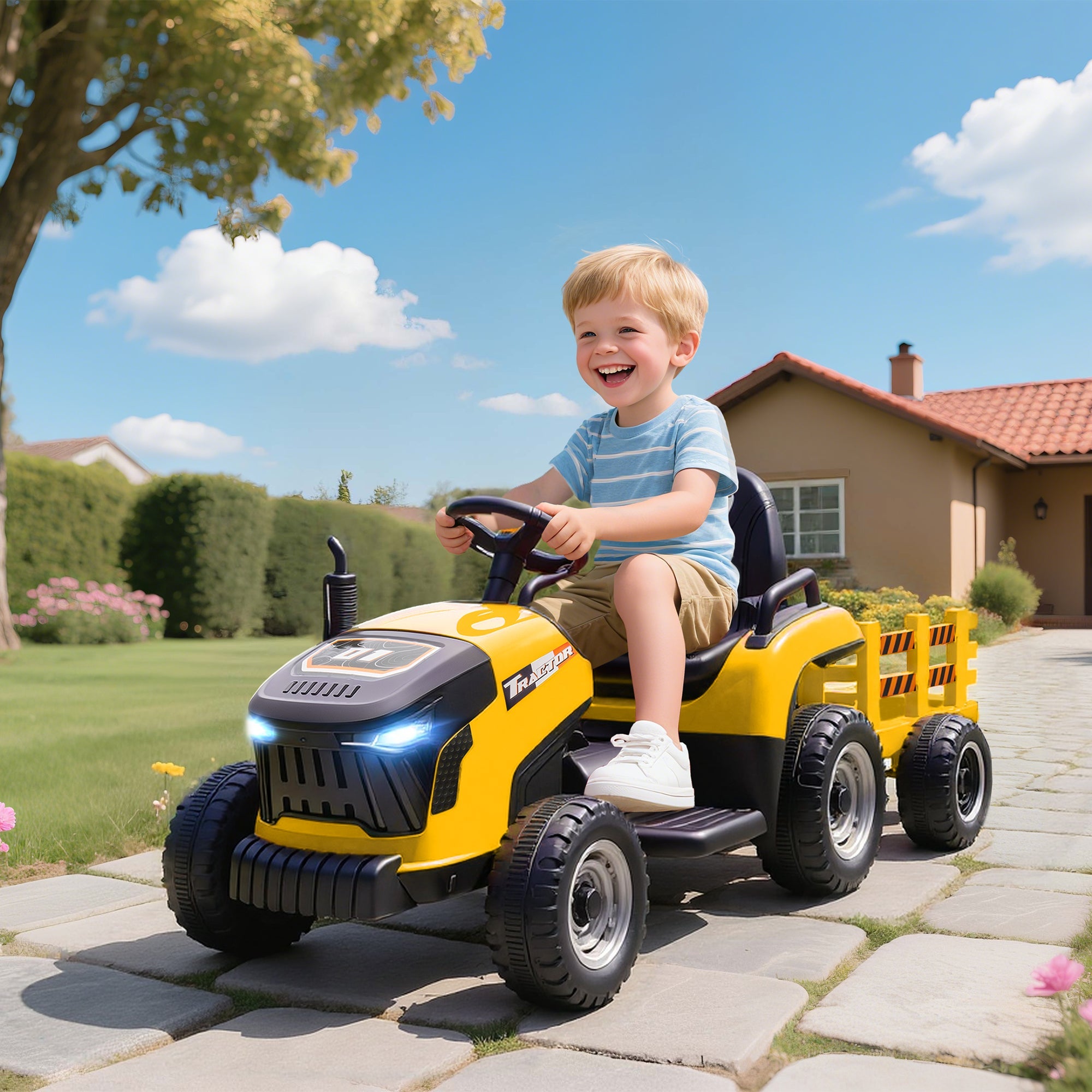 AIYAPLAY 12V Ride on Tractor and Trailer with Remote Control, Music, Shifter, Start-Up Sound, for Kids Ages 3-8 Years, Yellow AIYAPLAY 12V Ride on Tractor and Trailer with Remote Control, Music, Shifter, Start-Up Sound, for Kids Ages 3-8 Years, Yellow