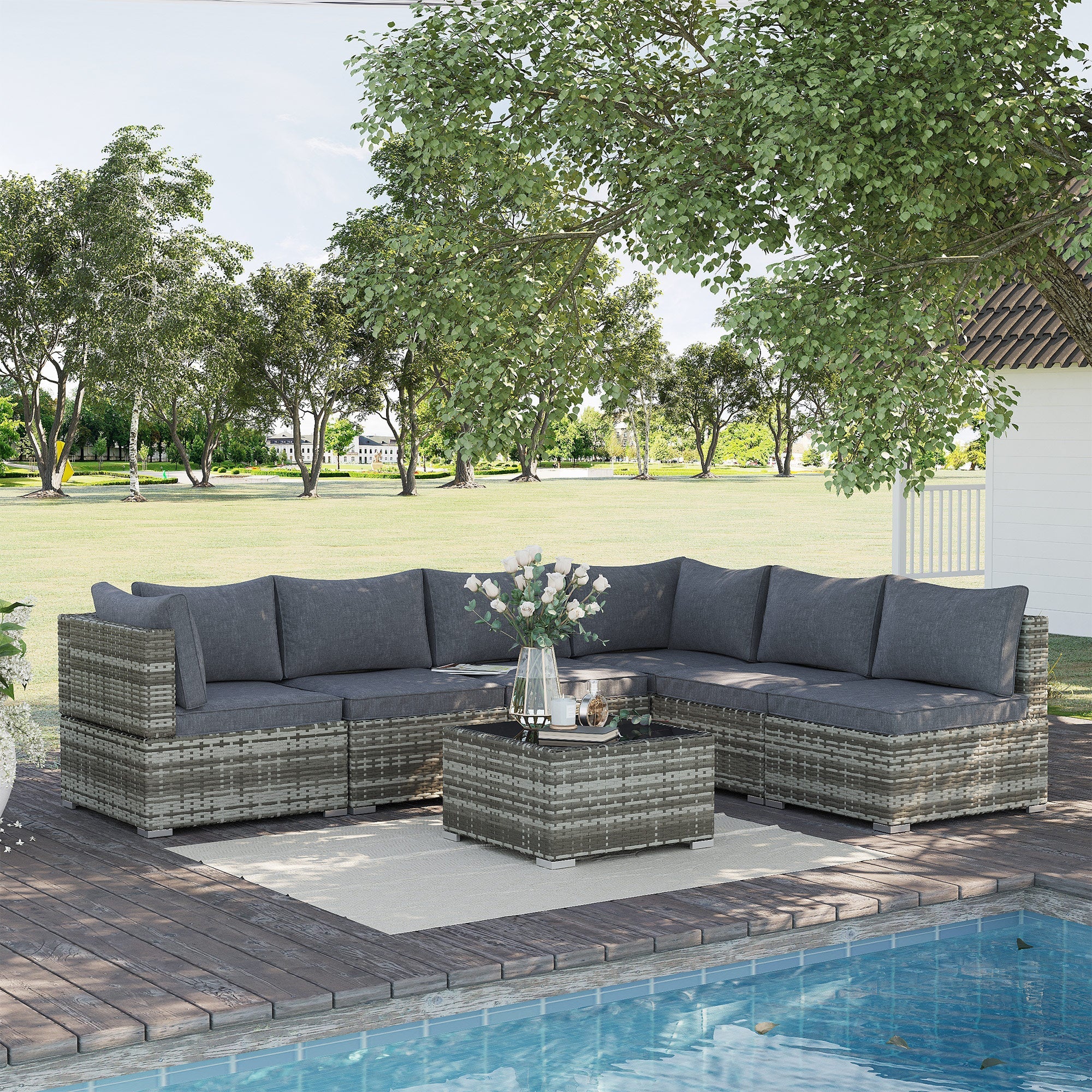 Outsunny 7 Pieces Outdoor PE Rattan Corner Sofa Set, Patio Wicker Conversation Chaise Lounge Furniture w/ Tempered Glass Table-top & Soft Padded Cushion for Garden, Backyard, Lawn, Dark in Sophisticated Grey Outsunny 7 Pieces Outdoor PE Rattan Corner Sofa Set, Patio Wicker Conversation Chaise Lounge Furniture w/ Tempered Glass Table-top & Soft Padded Cushion for Garden, Backyard, Lawn, Dark in Sophisticated Grey