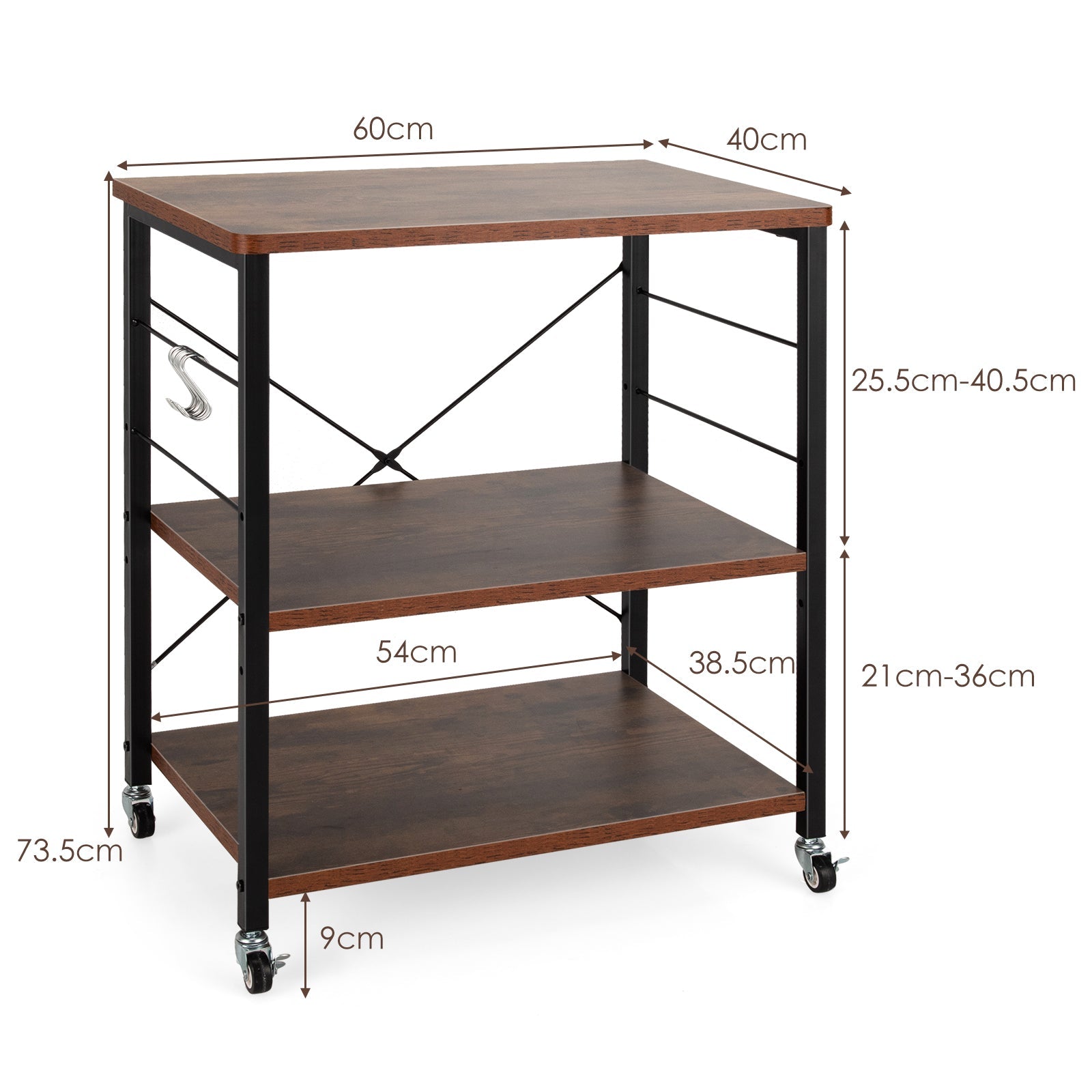 3 Tier Rolling Kitchen Baker's Rack with Adjustable Shelf and Hooks-Net Brown 3 Tier Rolling Kitchen Baker's Rack with Adjustable Shelf and Hooks-Net Brown