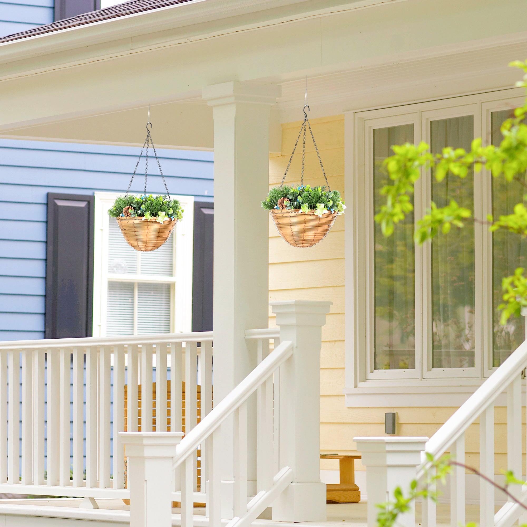 Elegant HOMCOM Artificial Flowers in Basket Set of 2, Artificial Hanging Baskets with PE Leaves, 18 Flowers and 3 Pinecones in Pot, Decorative Faux Plant for Home Office Decor, Green Elegant HOMCOM Artificial Flowers in Basket Set of 2, Artificial Hanging Baskets with PE Leaves, 18 Flowers and 3 Pinecones in Pot, Decorative Faux Plant for Home Office Decor, Green
