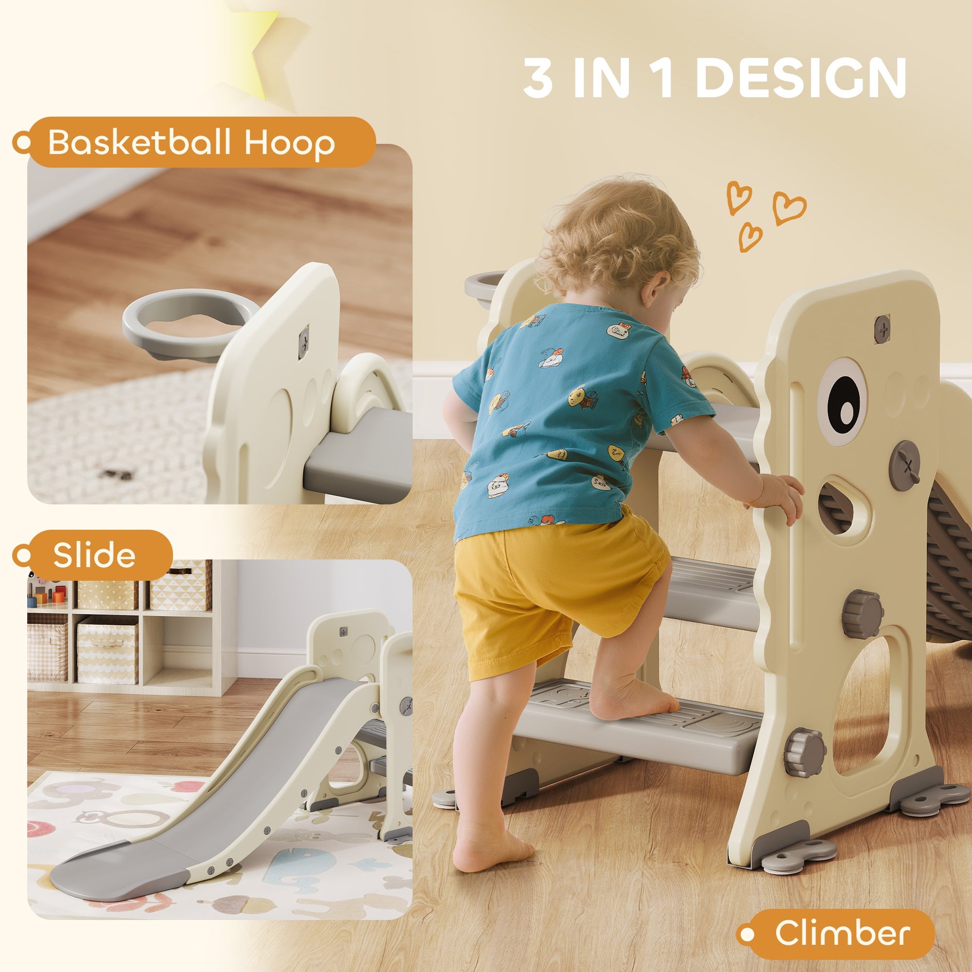 AIYAPLAY 3 in 1 Kids Slide with Climber, Basketball Hoop and Ball, Foldable Indoor Toddler Slide for Ages 2-5, Cream White AIYAPLAY 3 in 1 Kids Slide with Climber, Basketball Hoop and Ball, Foldable Indoor Toddler Slide for Ages 2-5, Cream White