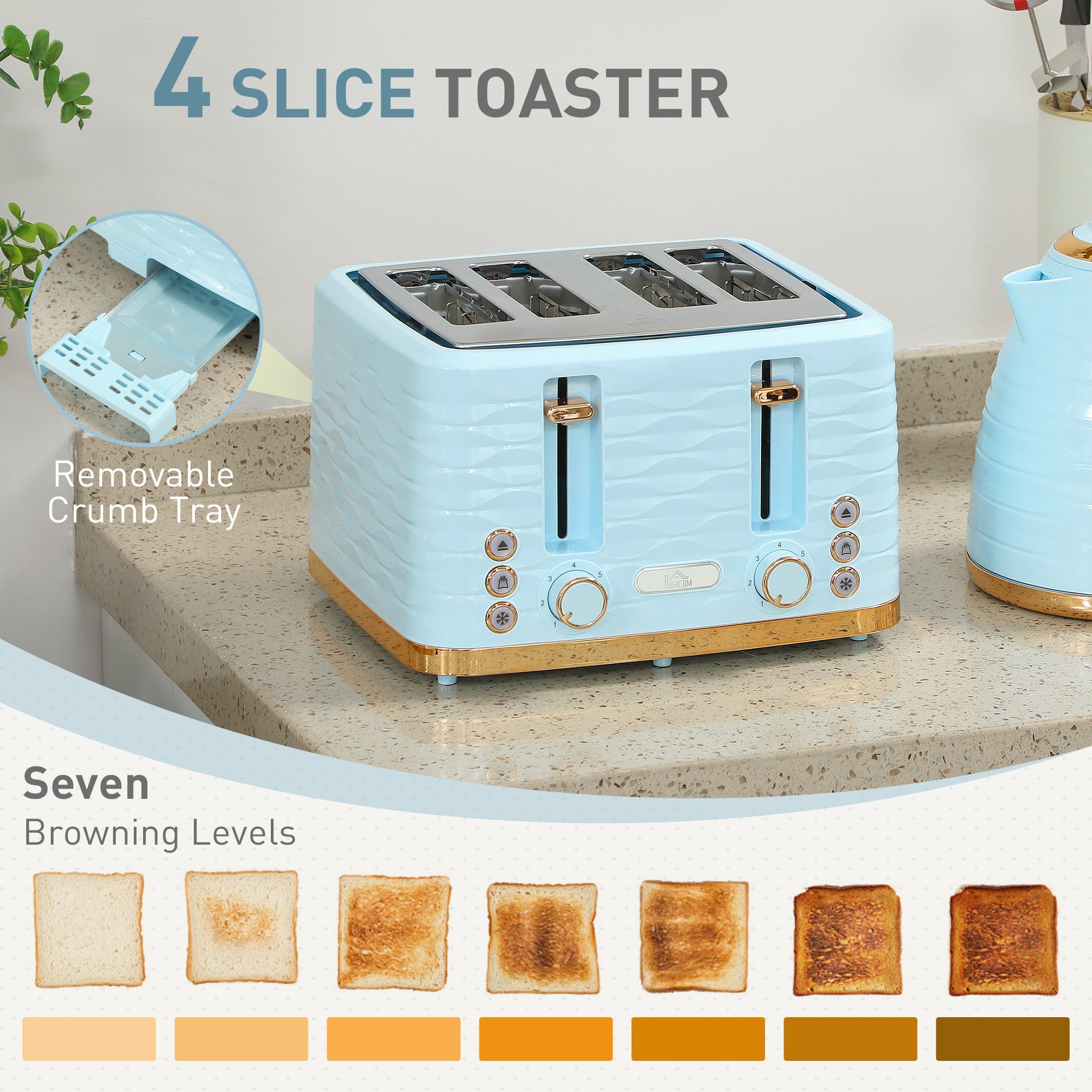 Elegant HOMCOM 3000W 1.7L Kettle & 4 Slice Toaster, Kettle and Toaster Set with 7 Browning Controls and Crumb Tray, Light Blue Elegant HOMCOM 3000W 1.7L Kettle & 4 Slice Toaster, Kettle and Toaster Set with 7 Browning Controls and Crumb Tray, Light Blue