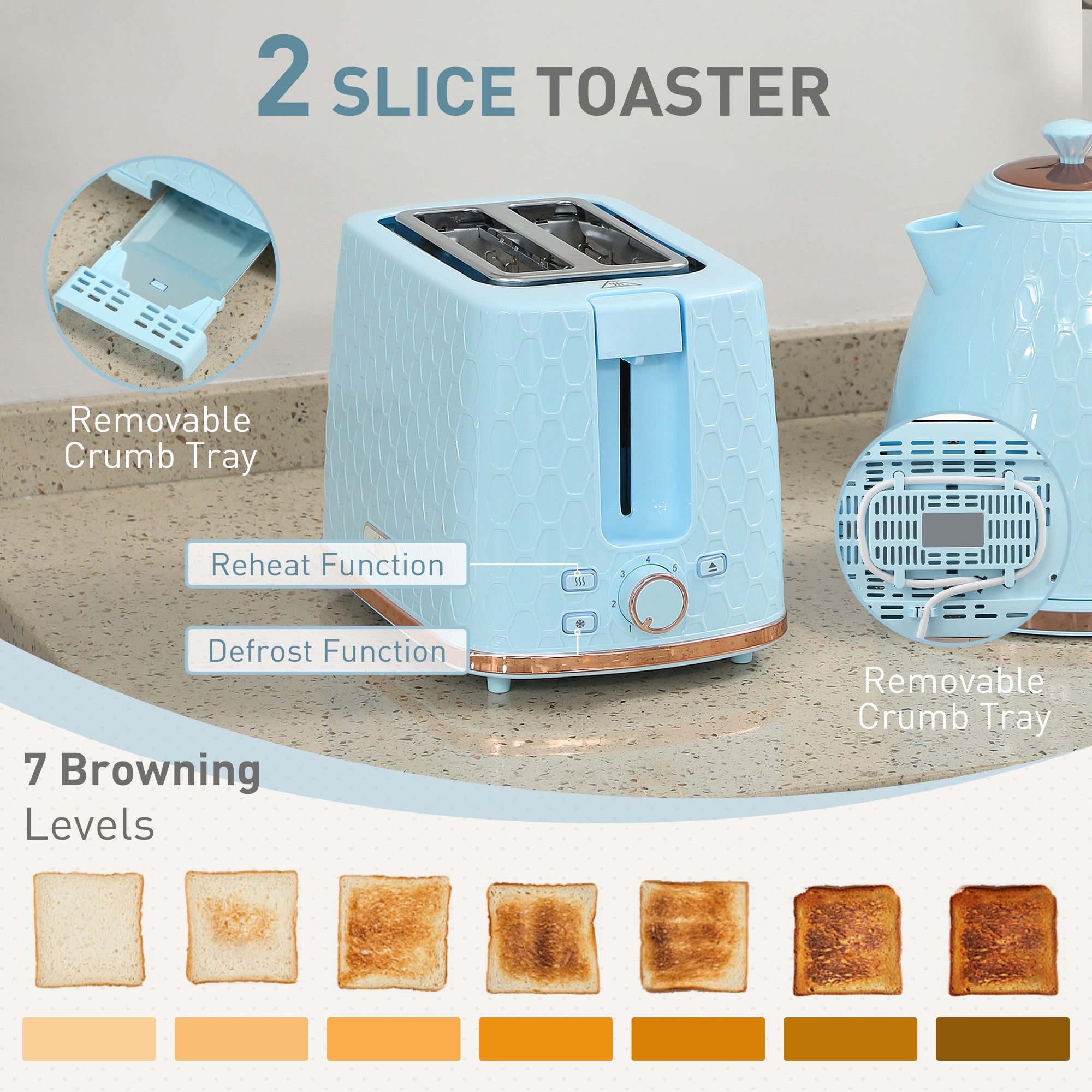 Elegant HOMCOM 1.7L 3000W Fast Boil Kettle & 2 Slice Toaster Set, Kettle and Toaster Set with Auto Shut Off, Browning Controls, Light Blue Elegant HOMCOM 1.7L 3000W Fast Boil Kettle & 2 Slice Toaster Set, Kettle and Toaster Set with Auto Shut Off, Browning Controls, Light Blue
