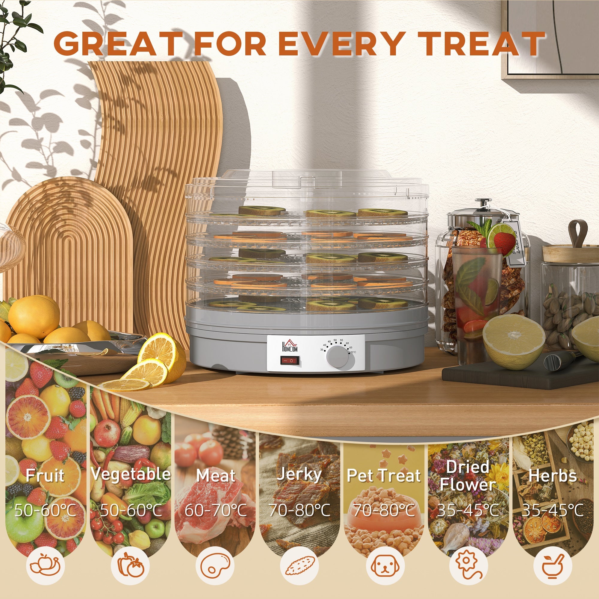 Elegant HOMCOM 5 Tier Food Dehydrator, 245W Food Dryer Machine with Adjustable Temperature Control for Drying Fruit, Meat, Vegetable, Jerky and Pet Treat, in Sophisticated Grey Elegant HOMCOM 5 Tier Food Dehydrator, 245W Food Dryer Machine with Adjustable Temperature Control for Drying Fruit, Meat, Vegetable, Jerky and Pet Treat, in Sophisticated Grey