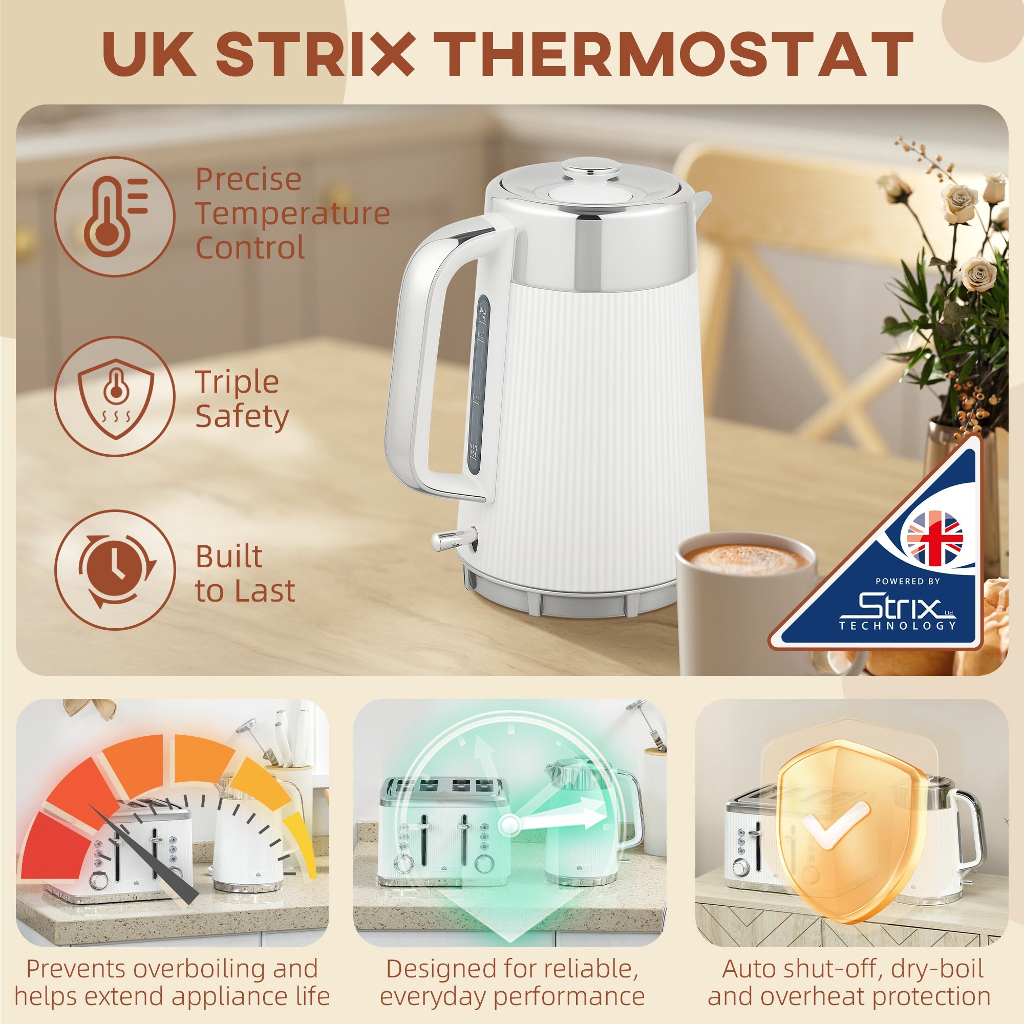 Elegant HOMCOM Electric Kettle and Toaster Set, 3000W 1.7L UK Strix Thermostat Rapid Boil Jug Kettle with Limescale Filter, Cool Touch Body, 4 Slice Toaster with 7 Browning Controls, Crumb Tray, White Elegant HOMCOM Electric Kettle and Toaster Set, 3000W 1.7L UK Strix Thermostat Rapid Boil Jug Kettle with Limescale Filter, Cool Touch Body, 4 Slice Toaster with 7 Browning Controls, Crumb Tray, White